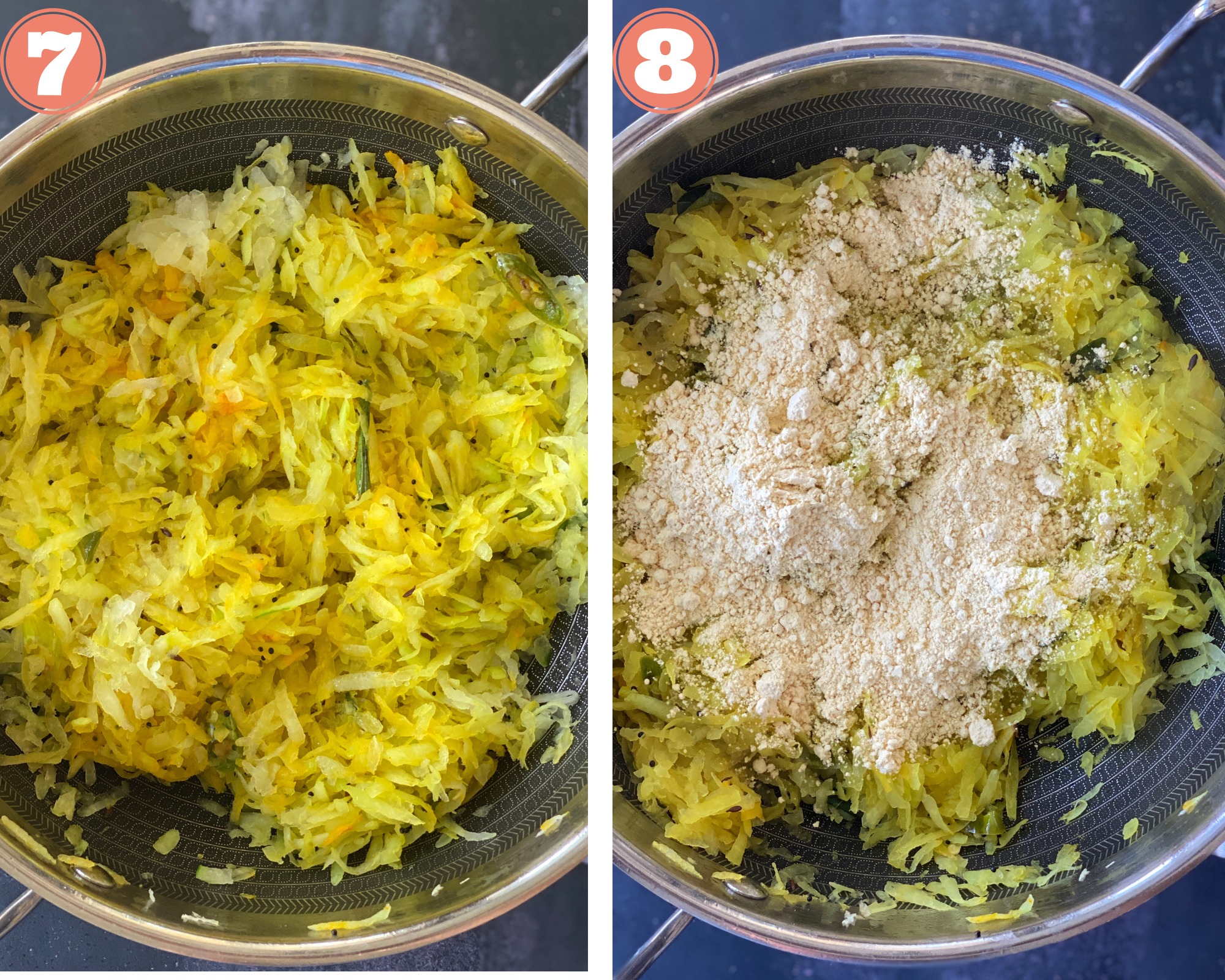 Collage steps to make papaya Sambharo; add besan and cook the papaya sambharo. 