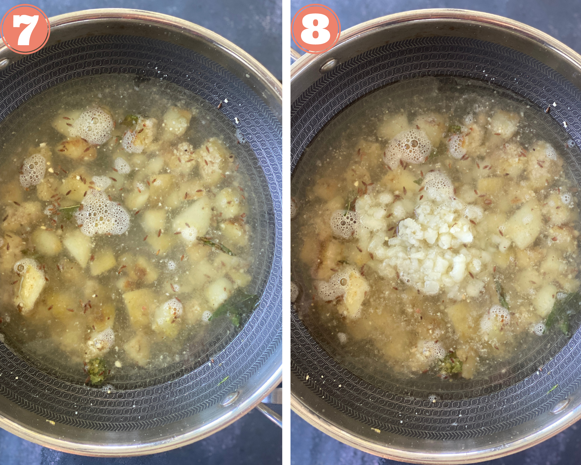 Collage steps to make farali aloo sabji; add water and mashed potatoes, then bring to a boil.