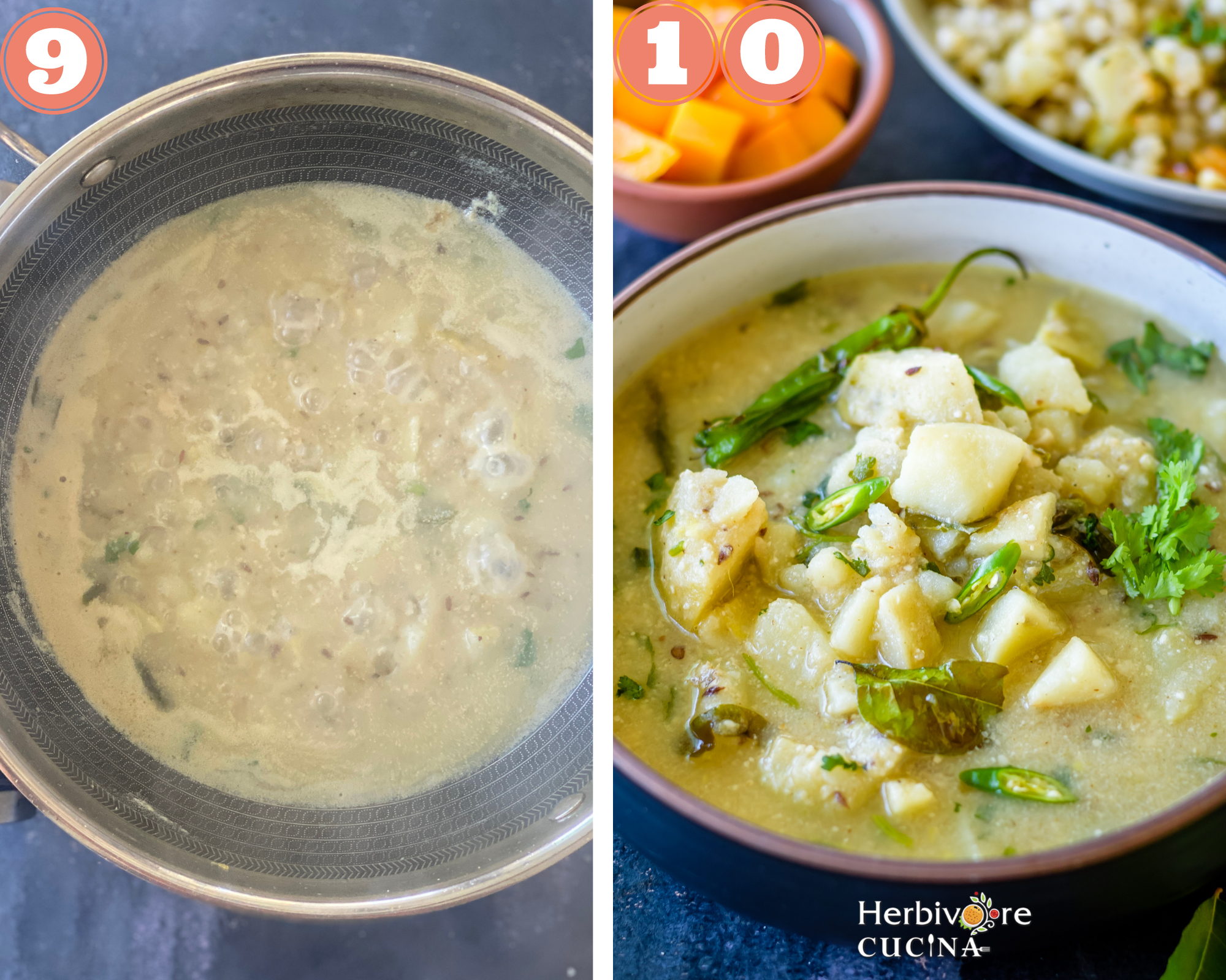 Collage steps to make farali aloo sabji; thicken the gravy and serve. 