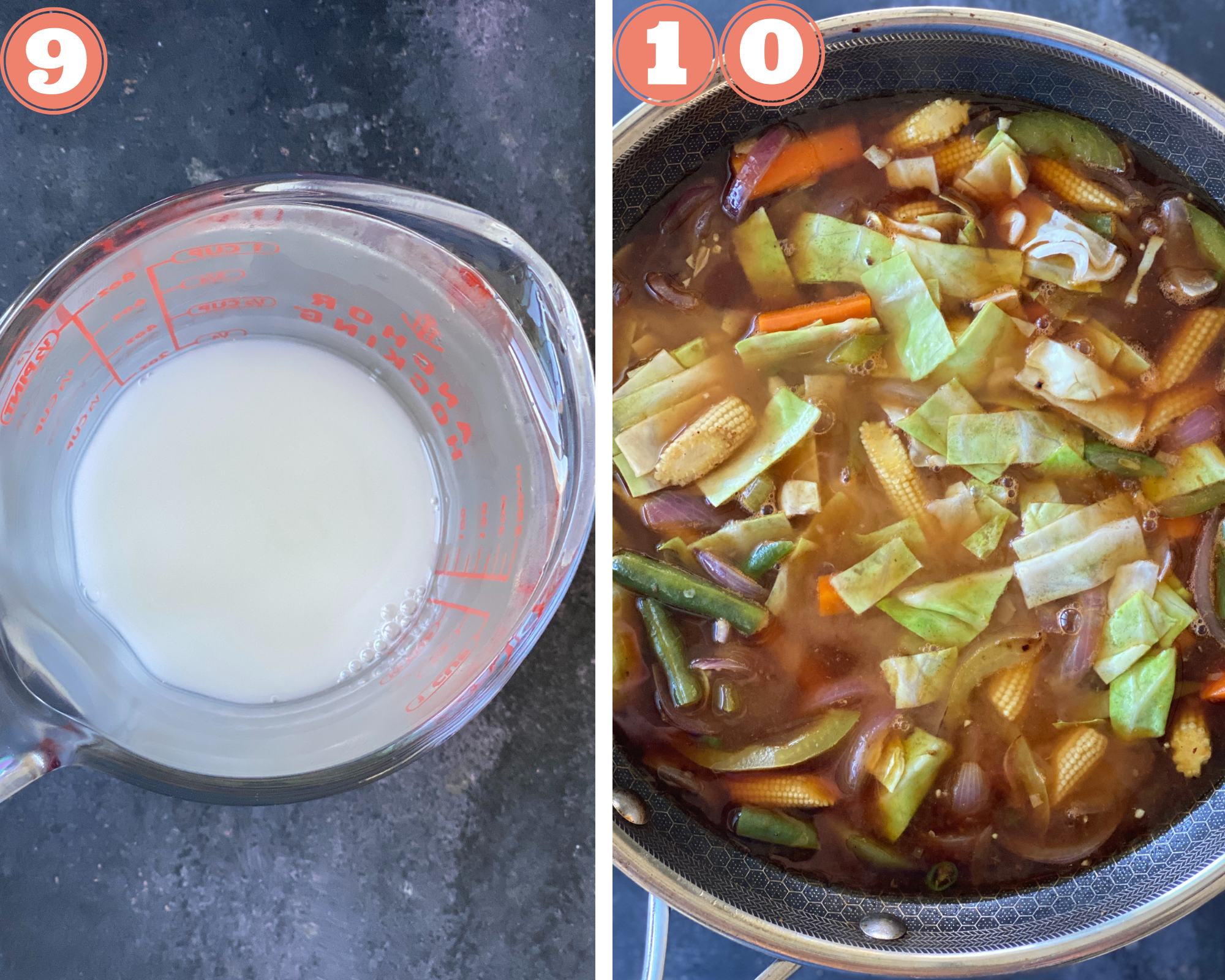 Collage steps to make American Chopsuey; prepare slurry of cornstarch and mix everything well.