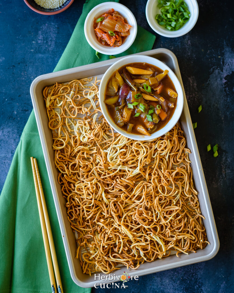 Air Fryer noodles in a tray with vegetables
