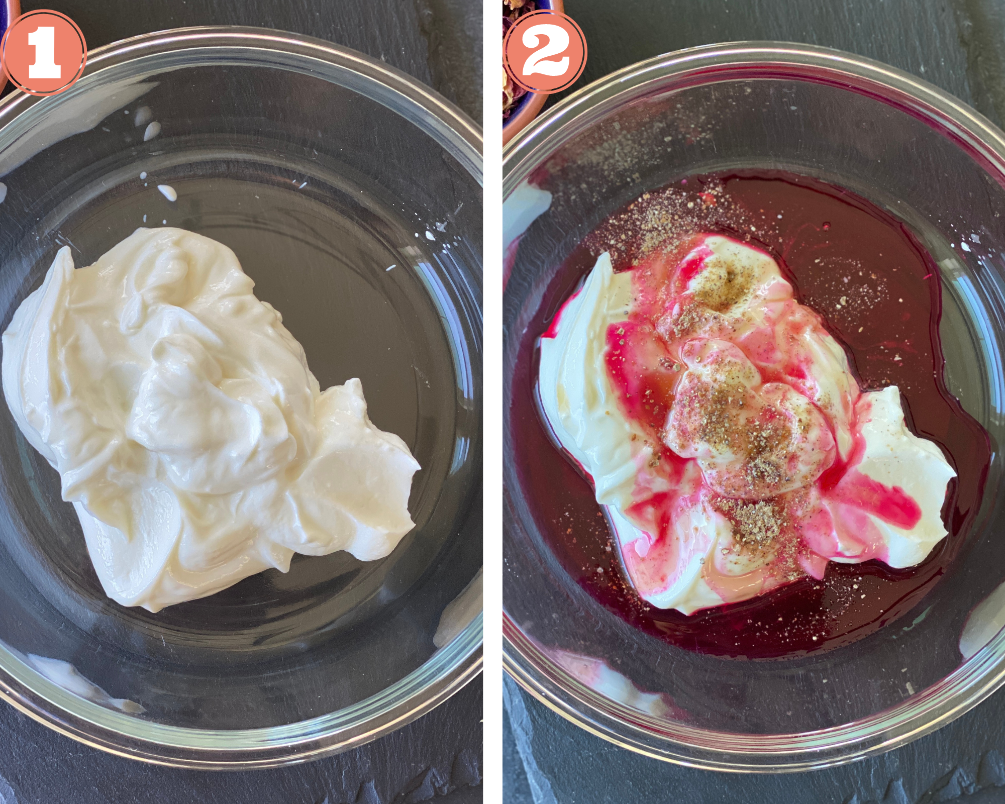 Collage to make the base of Rose Shrikhand Popsicles; add rose, cardamom to yogurt. 