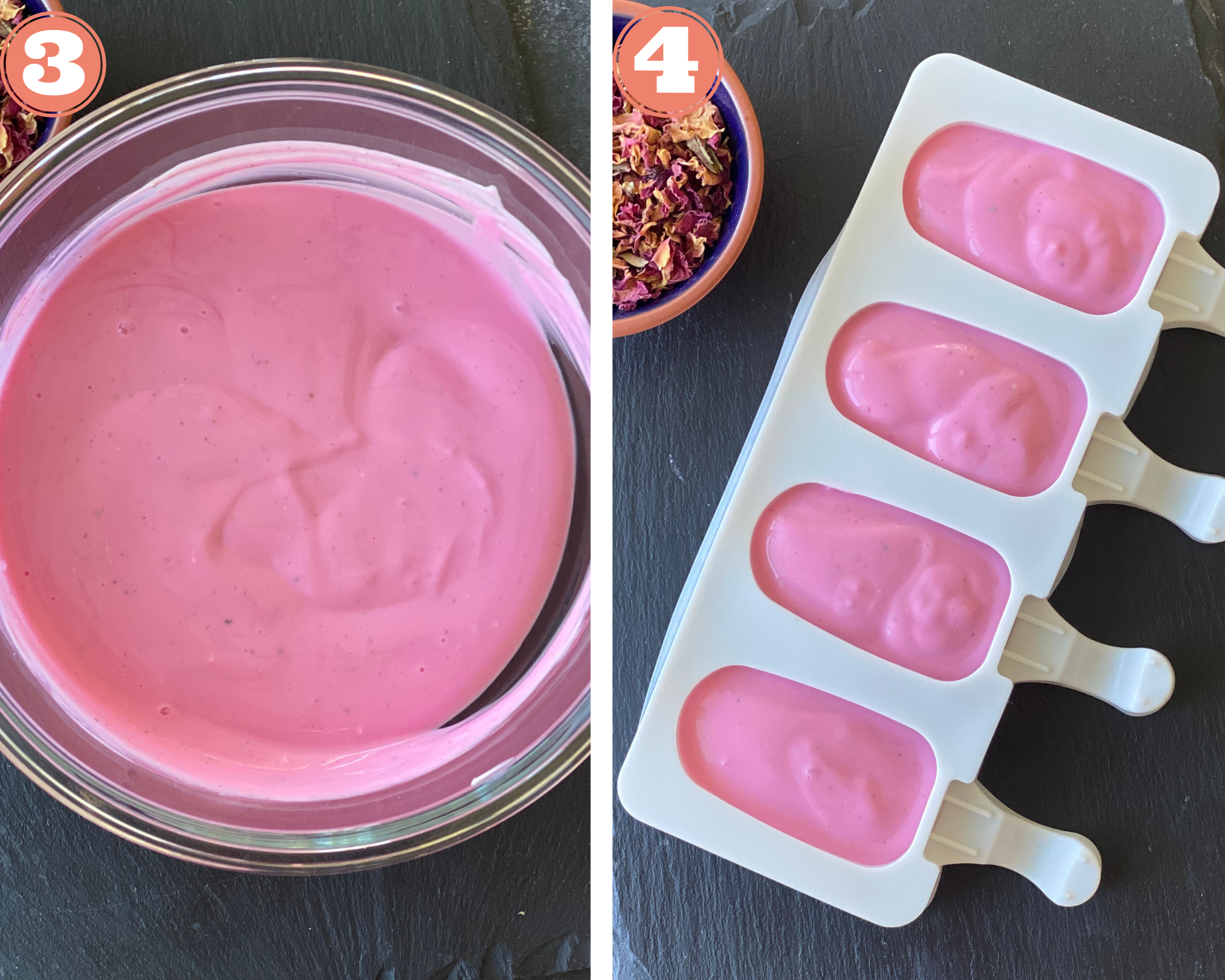 Collage to make rose shrikhand popsicles; mix well and transfer to molds