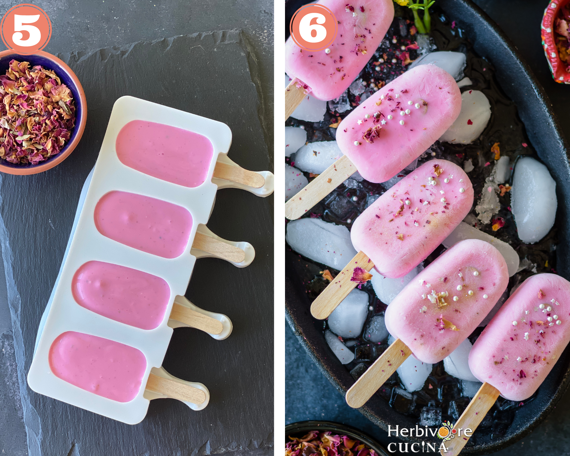 Collage of the steps of making rose shrikhand popsicles; freeze and serve after demolding.