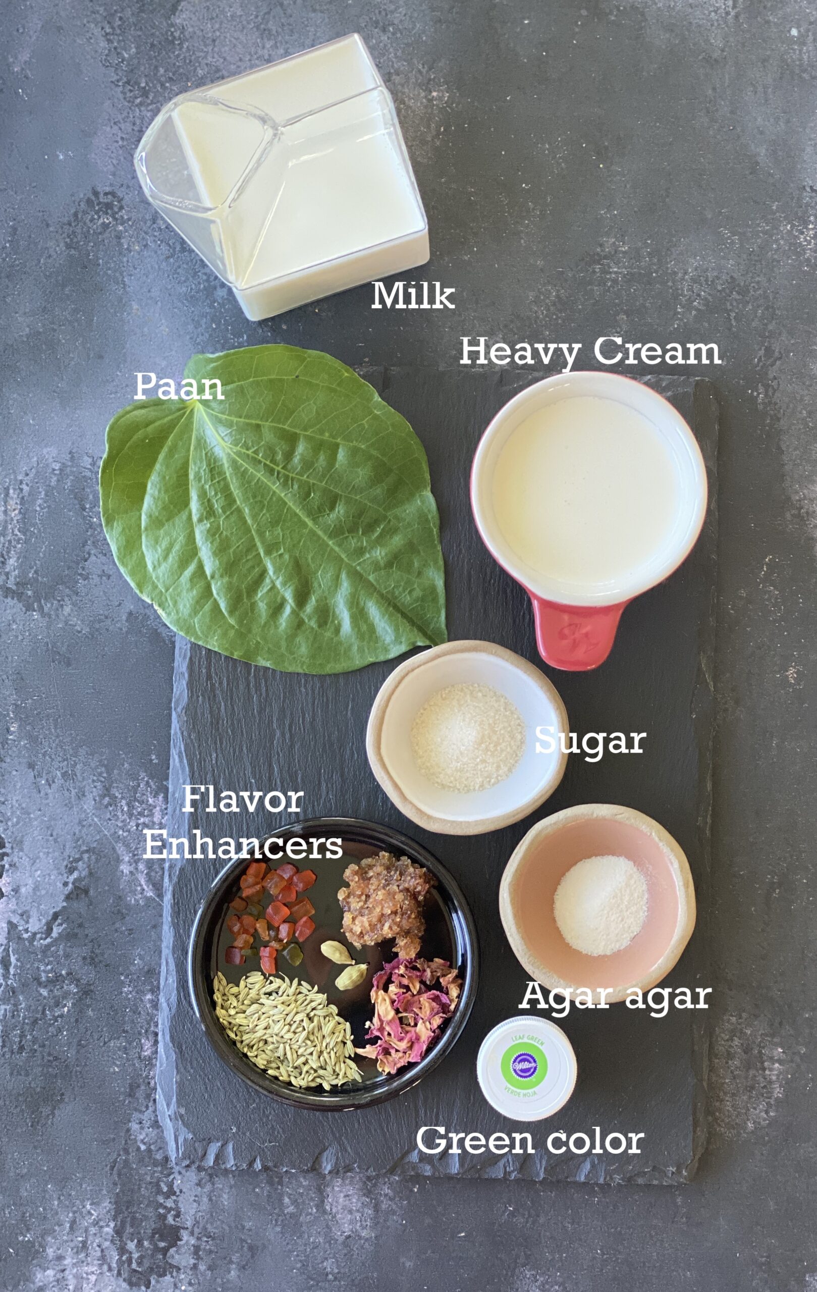 Paan panna cotta ingredients; cream, paan and all the add-ins. 