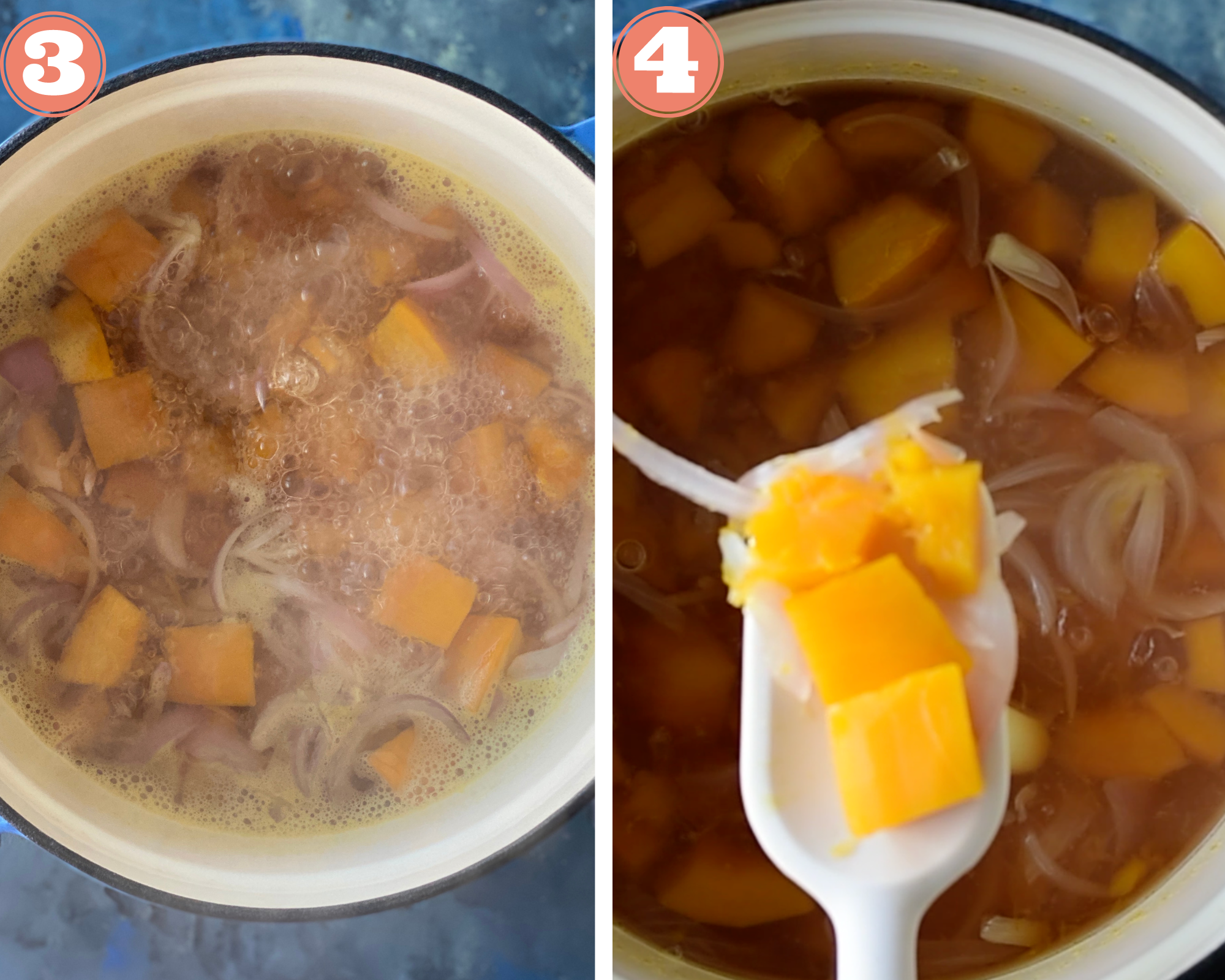 Collage steps to make Pumpkin soup; Boil till completely cooked and check if done. 