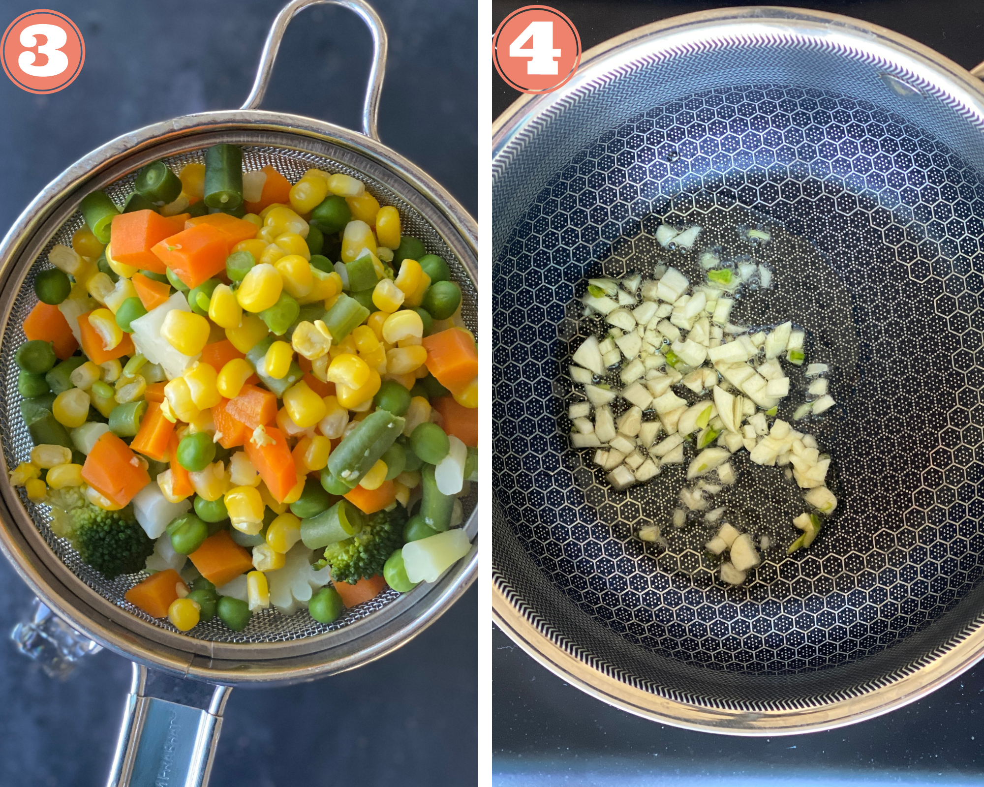 Collage steps to make Air Fryer Pot Pie; drain the vegetables and heat oil in a pan.