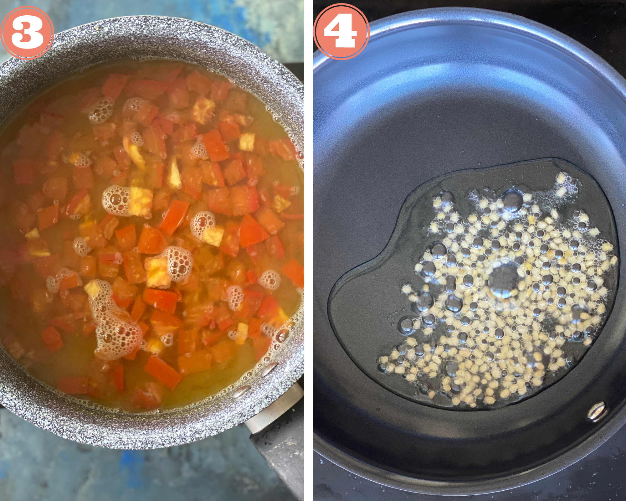 Collage steps to boil and prepare tempering for making rasam. 