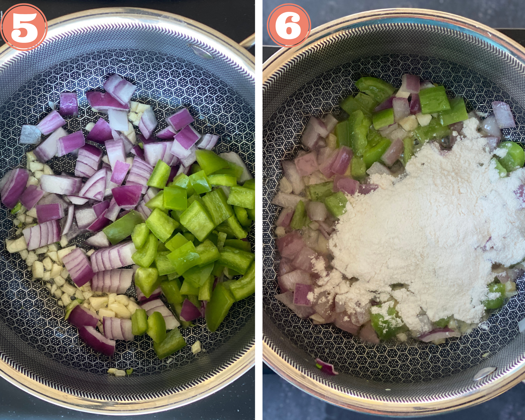 Collage steps to make Air Fryer Pot Pie; sauté vegetables, add flour and cook in the pan. 