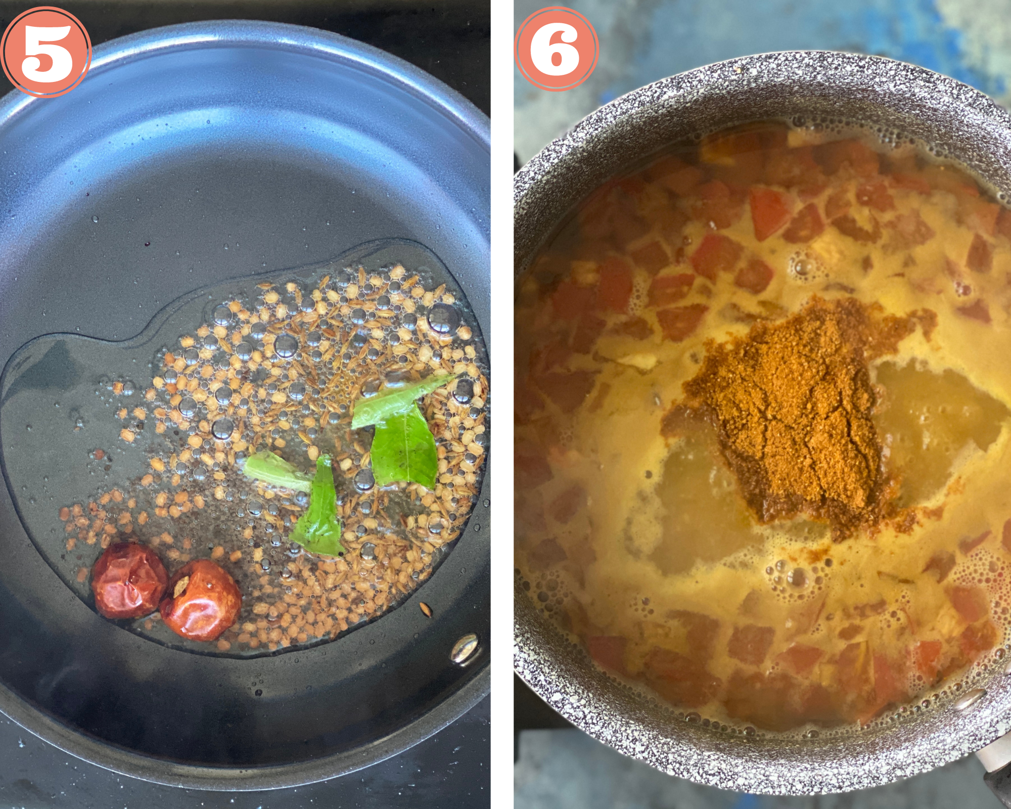 Add whole spices and add rasam powder to the mix while preparing tomato dal rasam. 