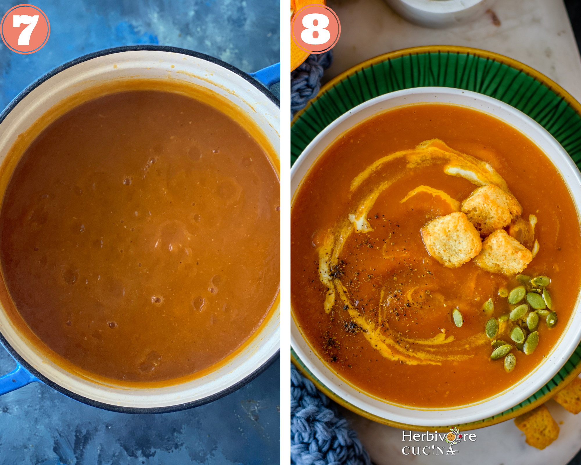 Collage steps to make Pumpkin soup; Blend well and serve with toppings of your choice. 
