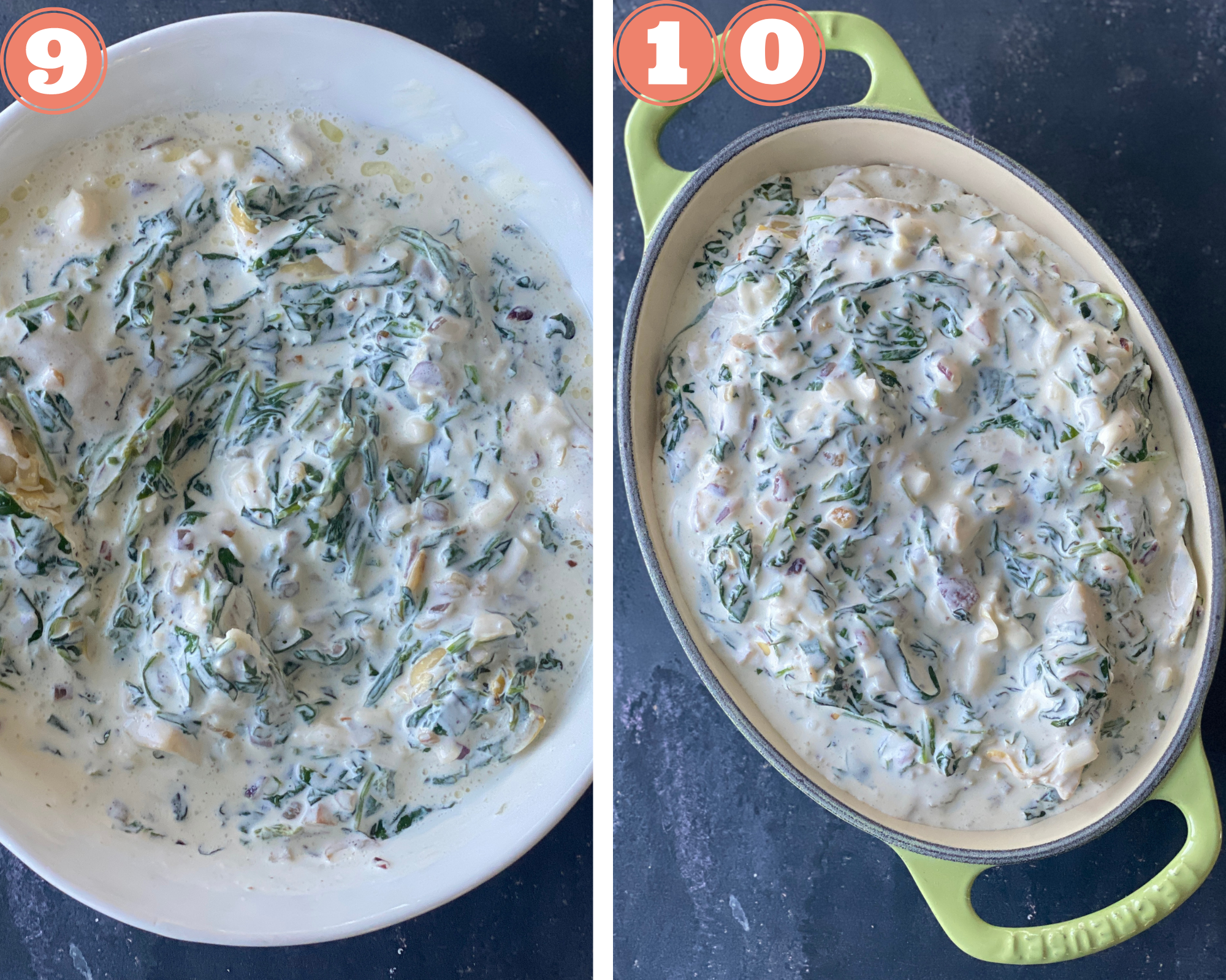 Learn the steps to make spinach artichoke dip in the oven. 