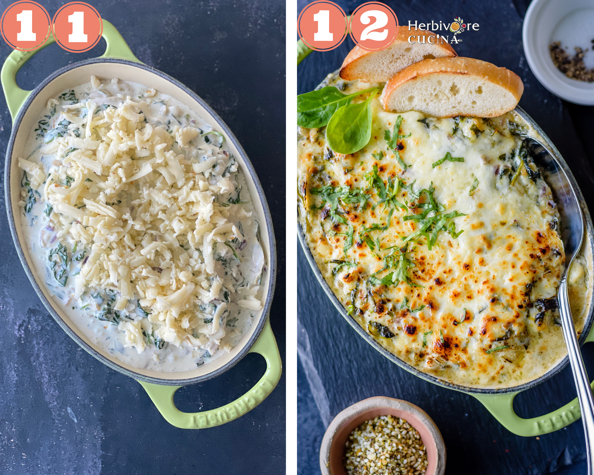 Steps to make baked spinach artichoke dip in the oven. 