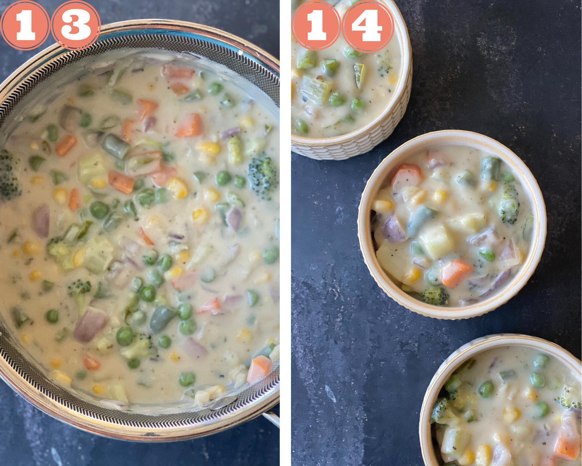 Collage steps to make Air Fryer Pot Pie; mix and divide into the ramekins.