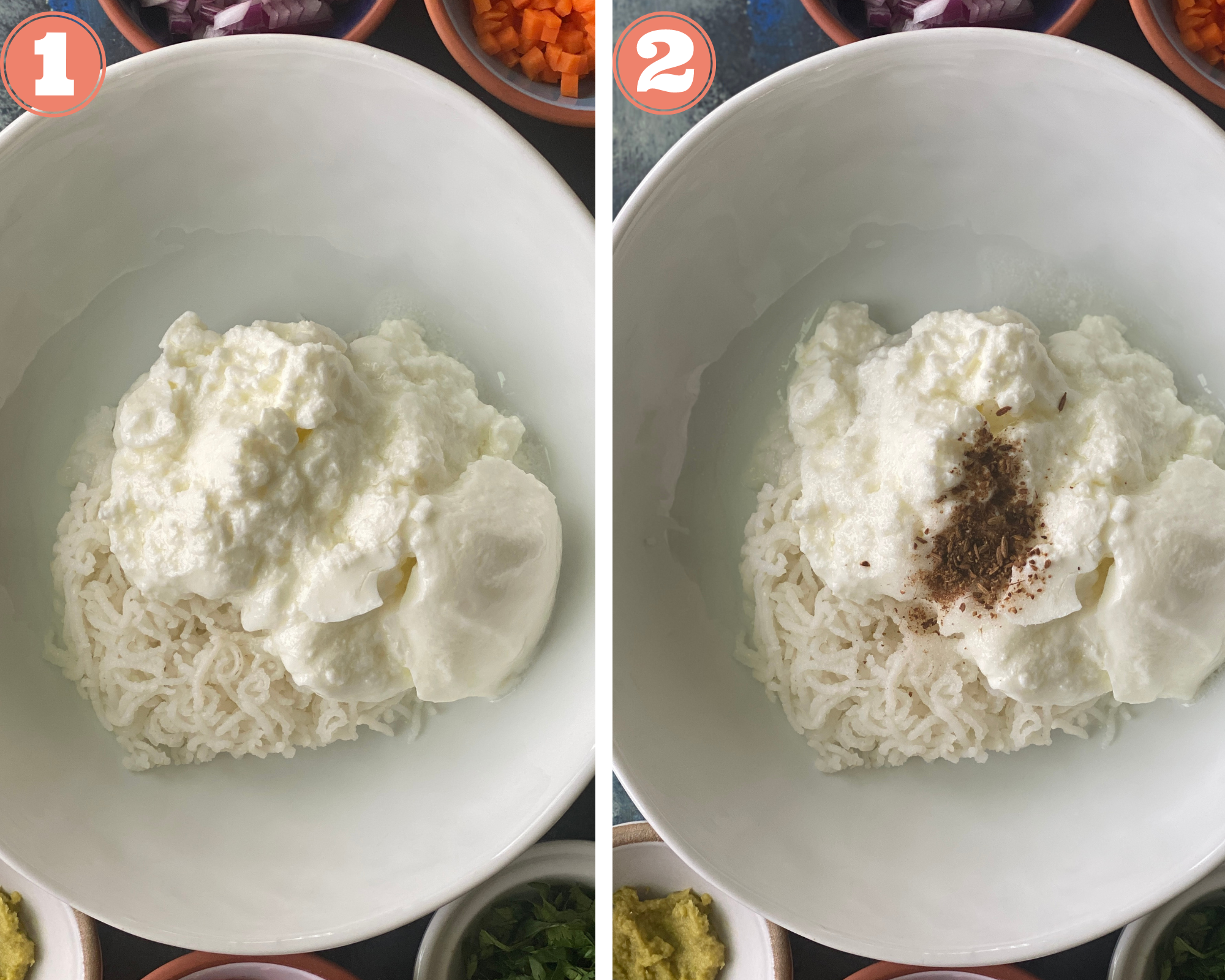 Mix rice and yogurt with spices like salt and cumin powder in a bowl. 
