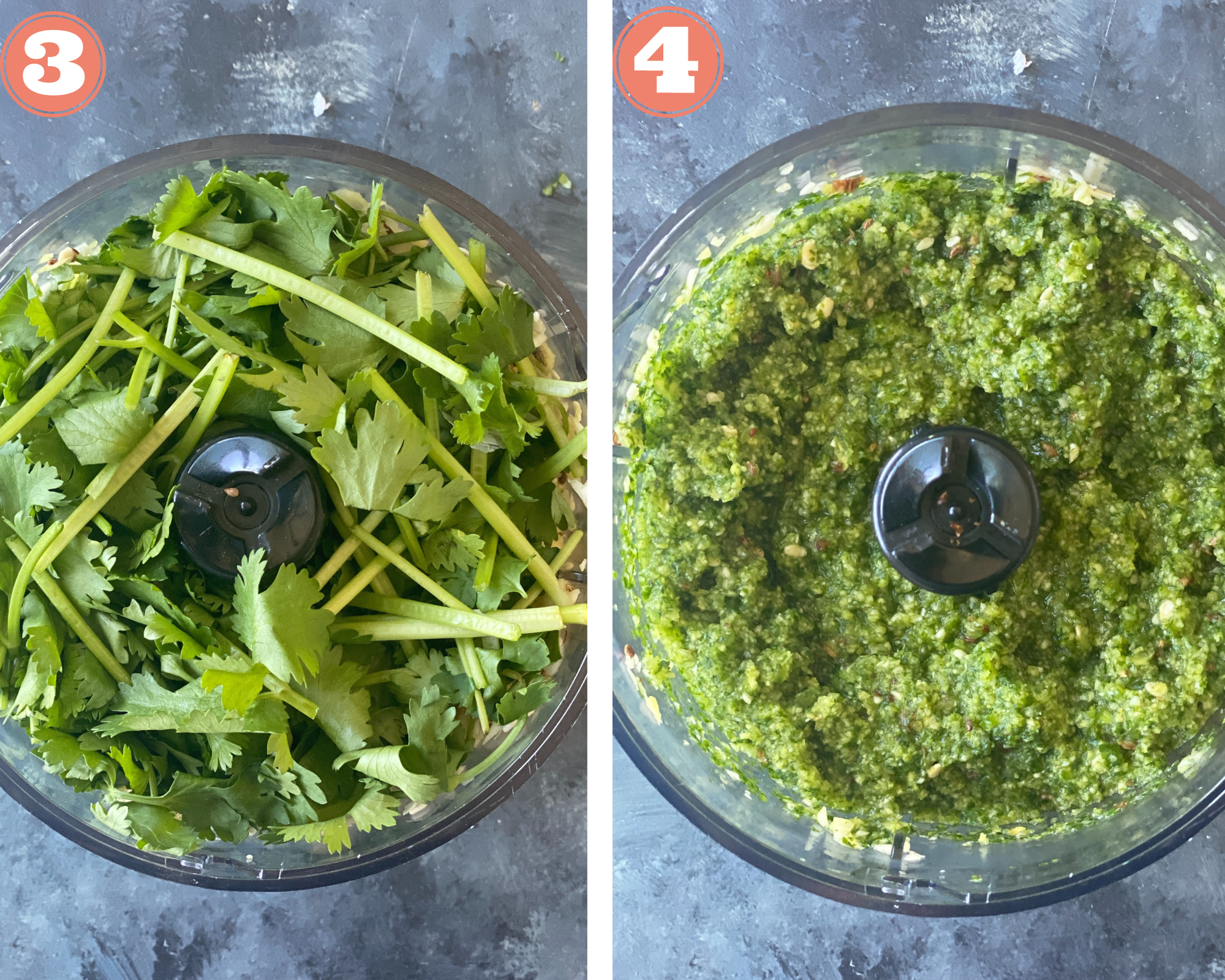 Collage steps to make Surti Undhiyu;  prepare the green cilantro masala in a food processor. 