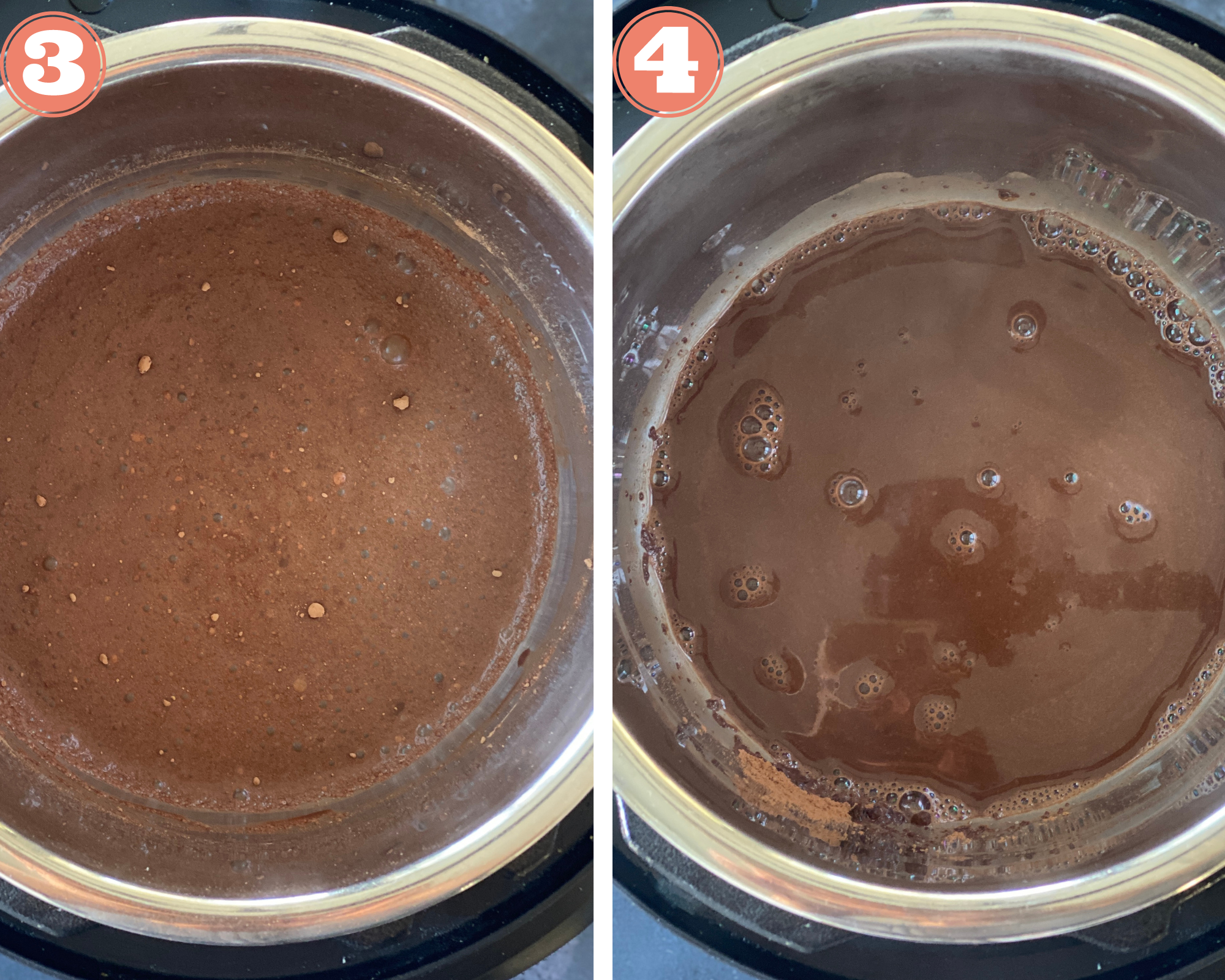 Collage showing steps to make hot cocoa in the instant pot. 
