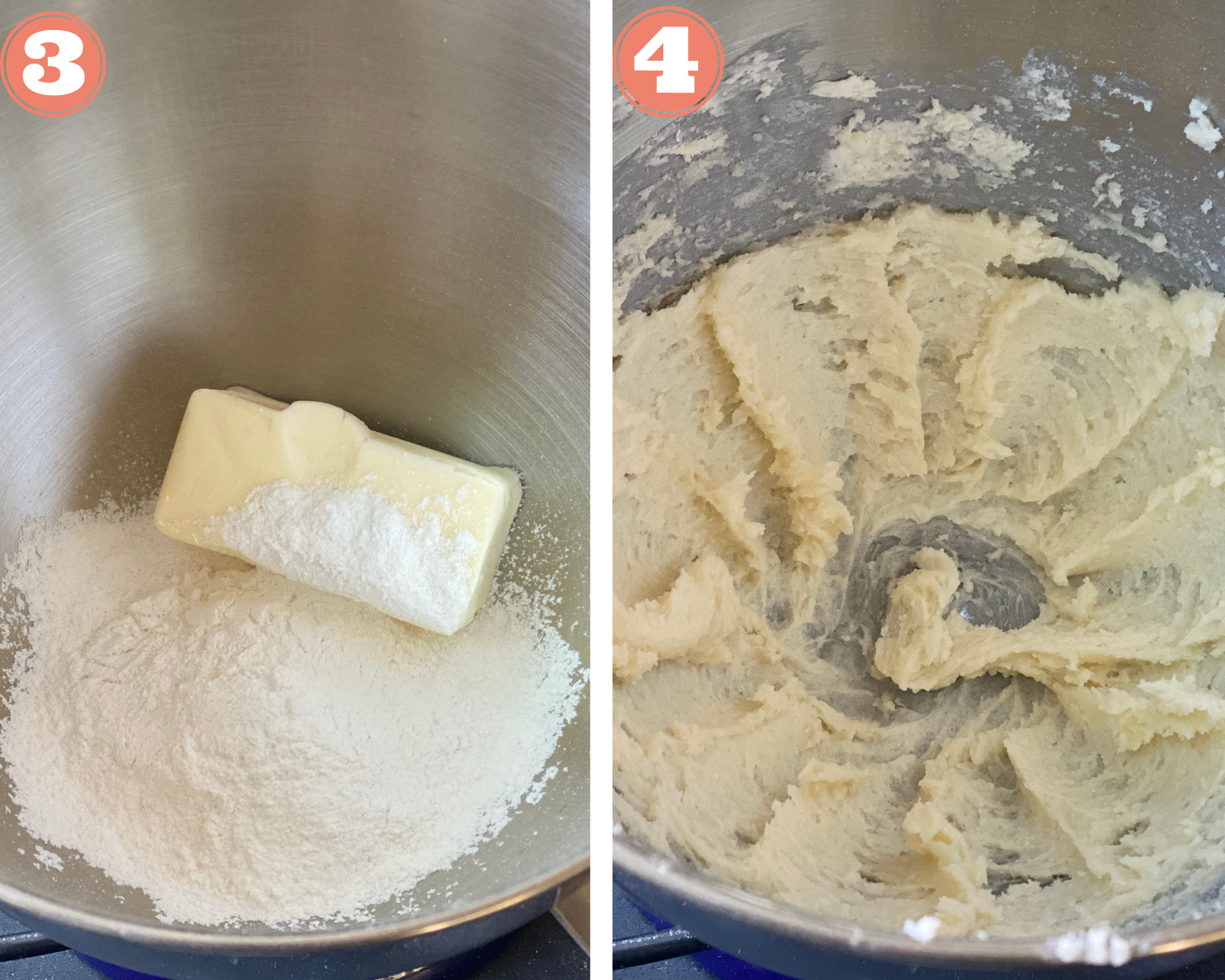 Collage steps to make Karachi biscuits; cream the butter and sugar till pale. 