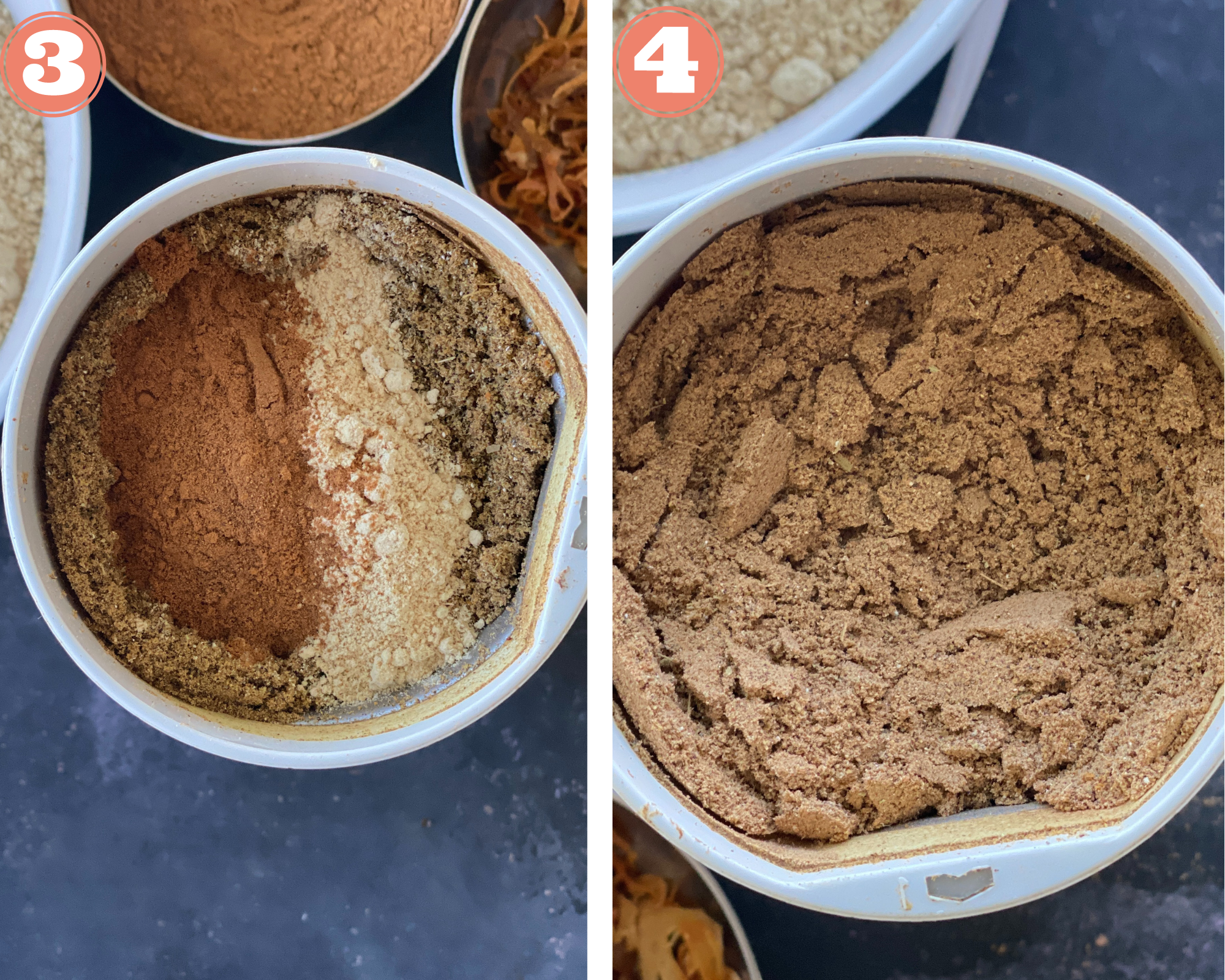 Collage with steps to add powders to spice mix to make chai masala. 