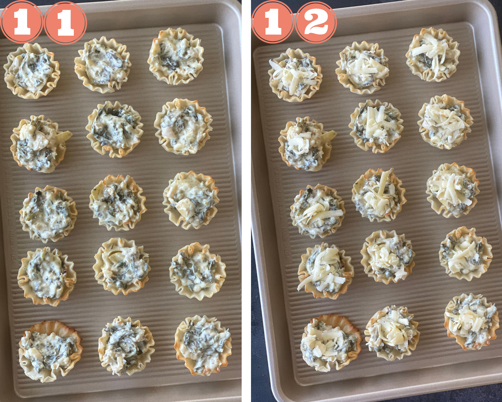 Collage steps to make spinach artichoke phyllo cups; fill cups with spinach artichoke dip and top with cheese. 