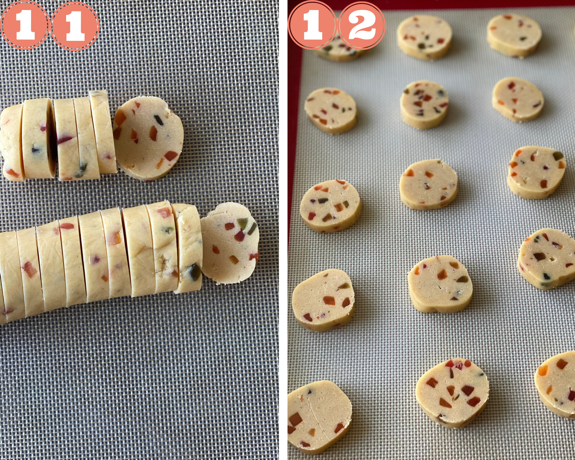 Collage steps to make Karachi biscuits; cut into discs and arrange to bake. 