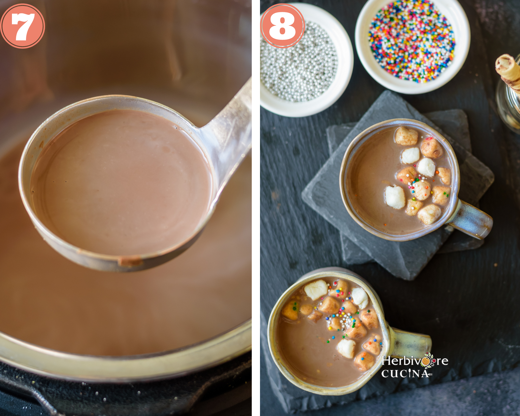 Collage for steps to serve instant pot hot chocolate in mugs with the toppings. 