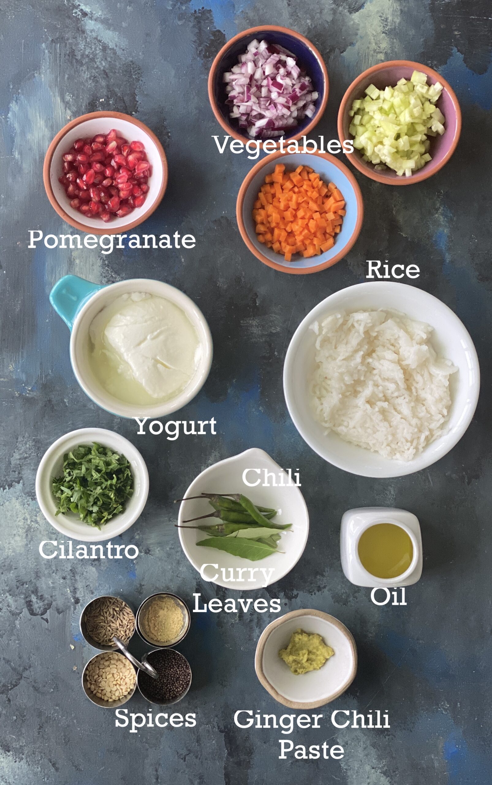 Ingredients for Yogurt Rice; yogurt, rice and toppings. 