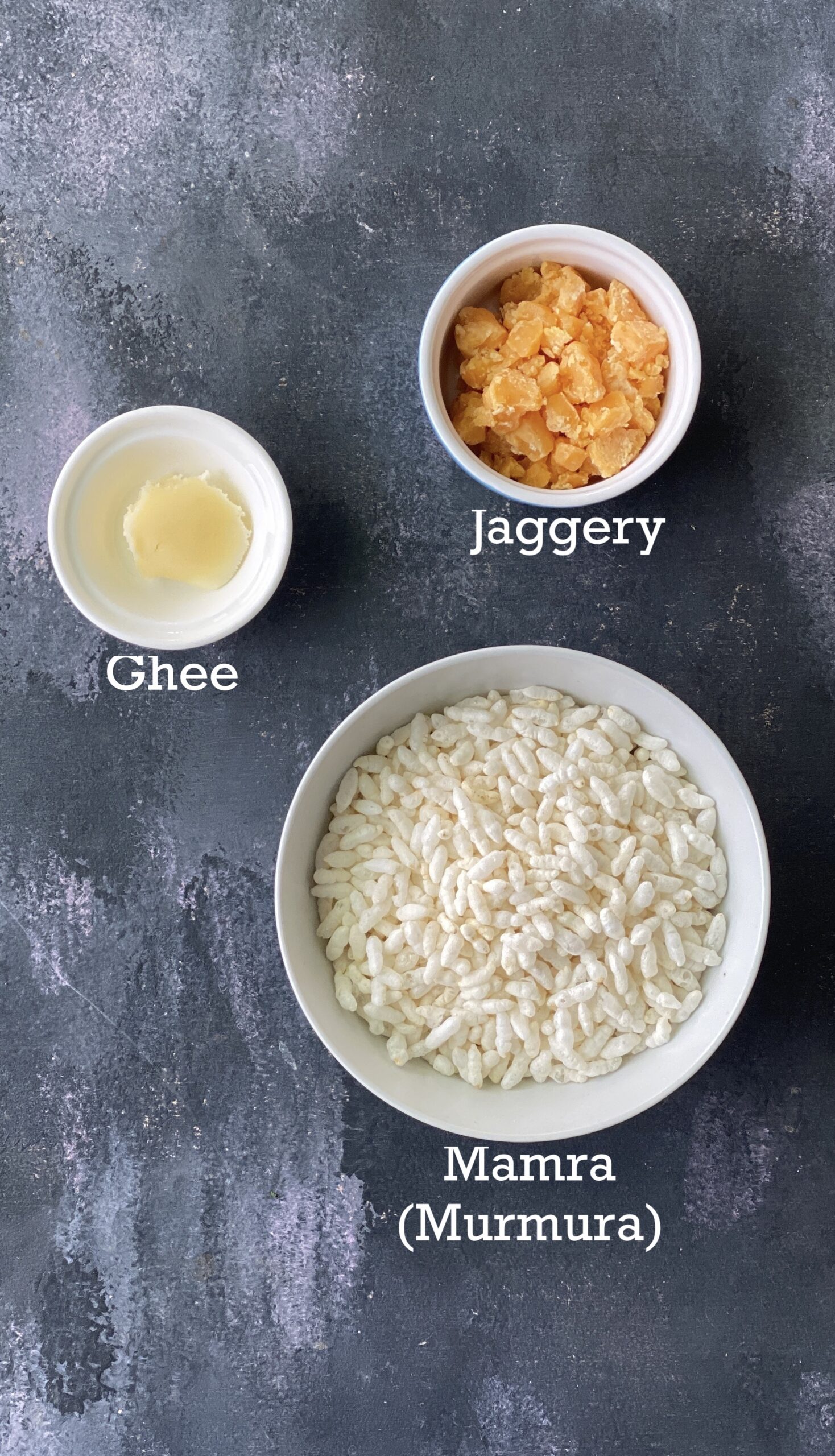 Easy 3 ingredients for mamra chikki; jaggery, mamra and ghee.
