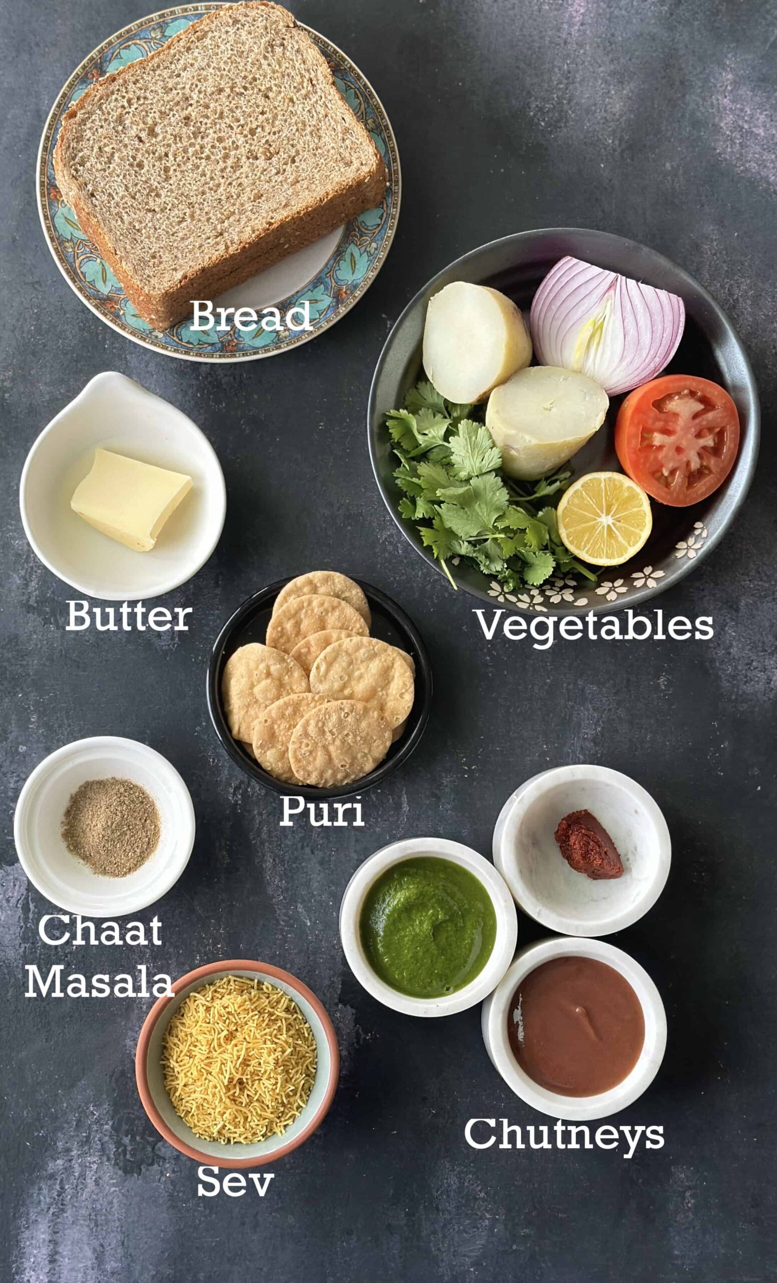The ingredients needed for sev puri sandwich.