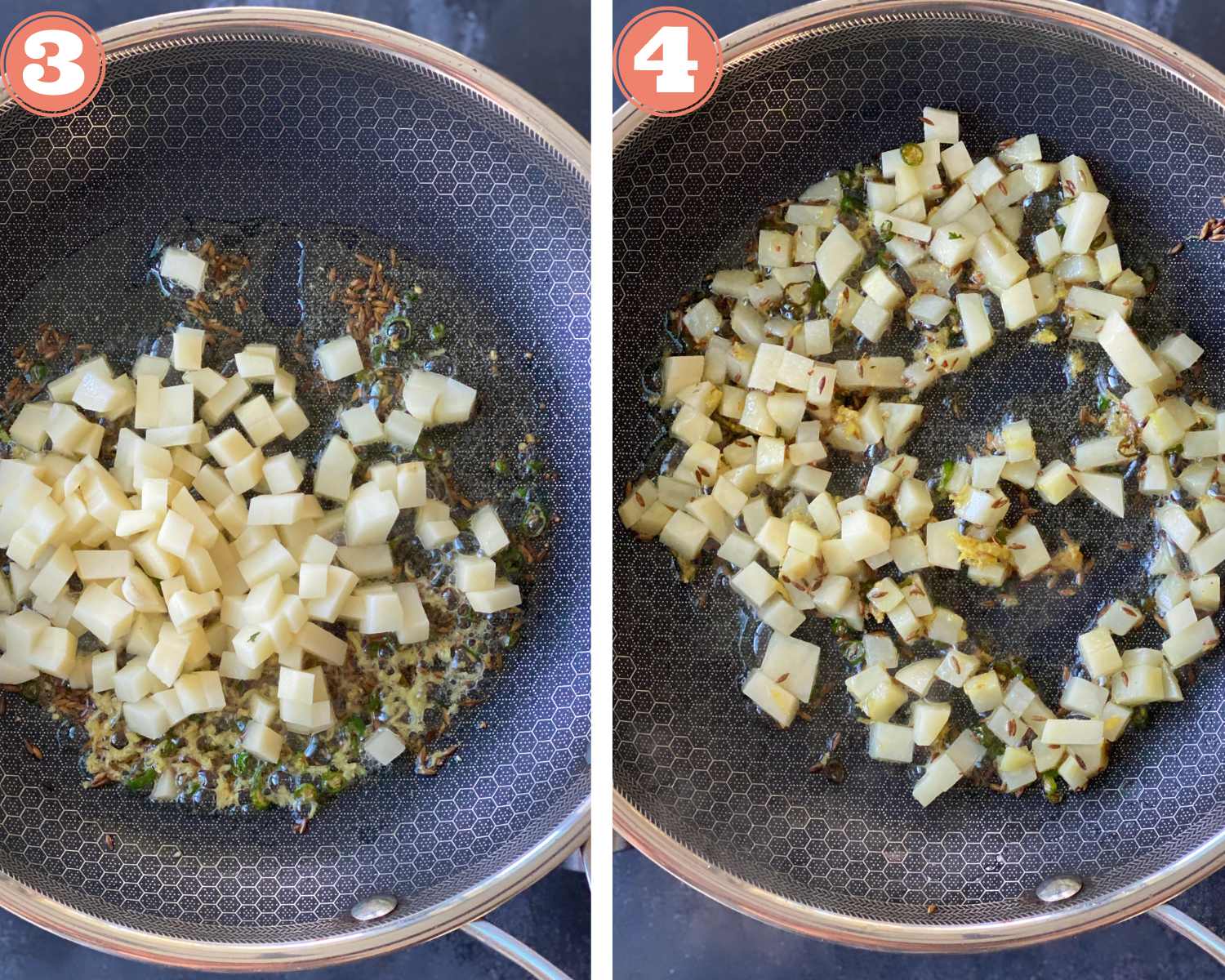 Add diced potatoes to the pan and cook till soft.