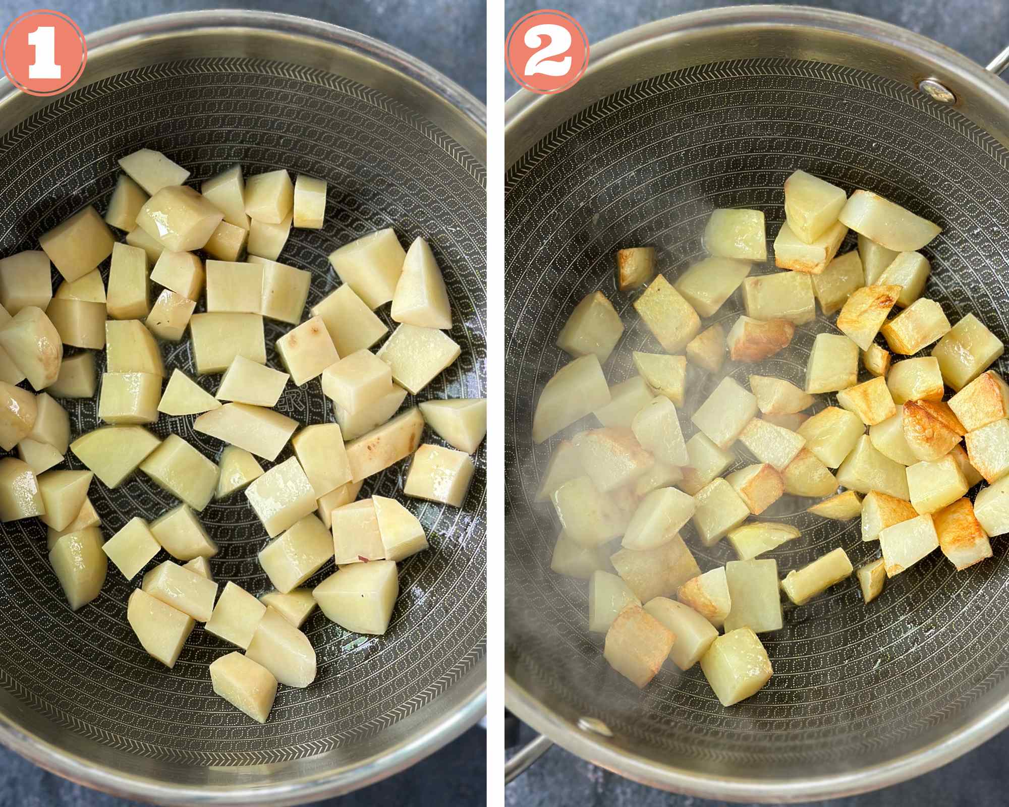 Add potatoes to oil and sauté till they are crips on the outside.