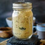 Mason jar filled with upma mix; a blend of semolina and spices in ghee.