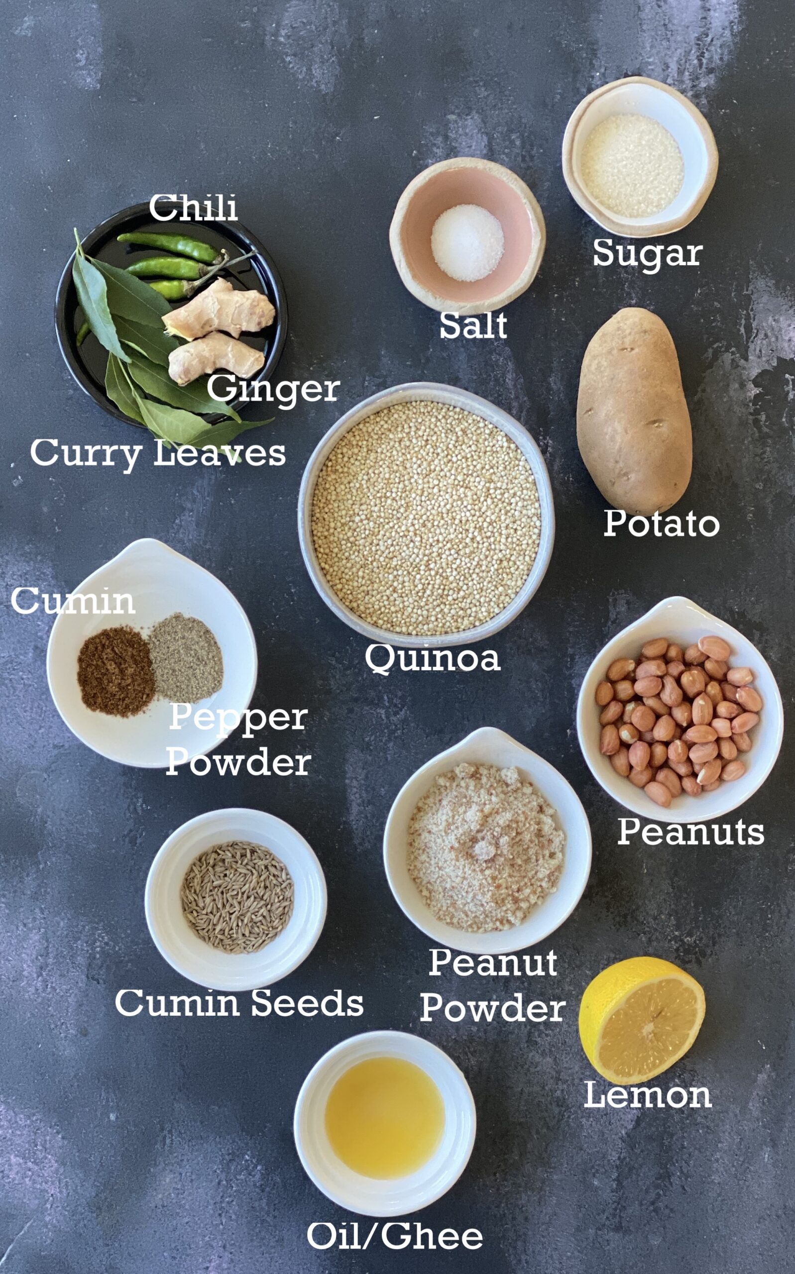 Ingredients for quinoa sabudana khichdi; quinoa, potatoes, peanuts and spices.