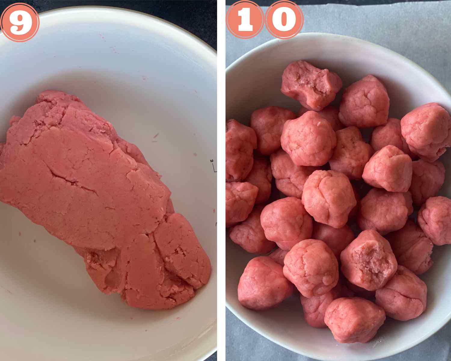 Mix till the entire dough is pink in color and make small even size balls using it.