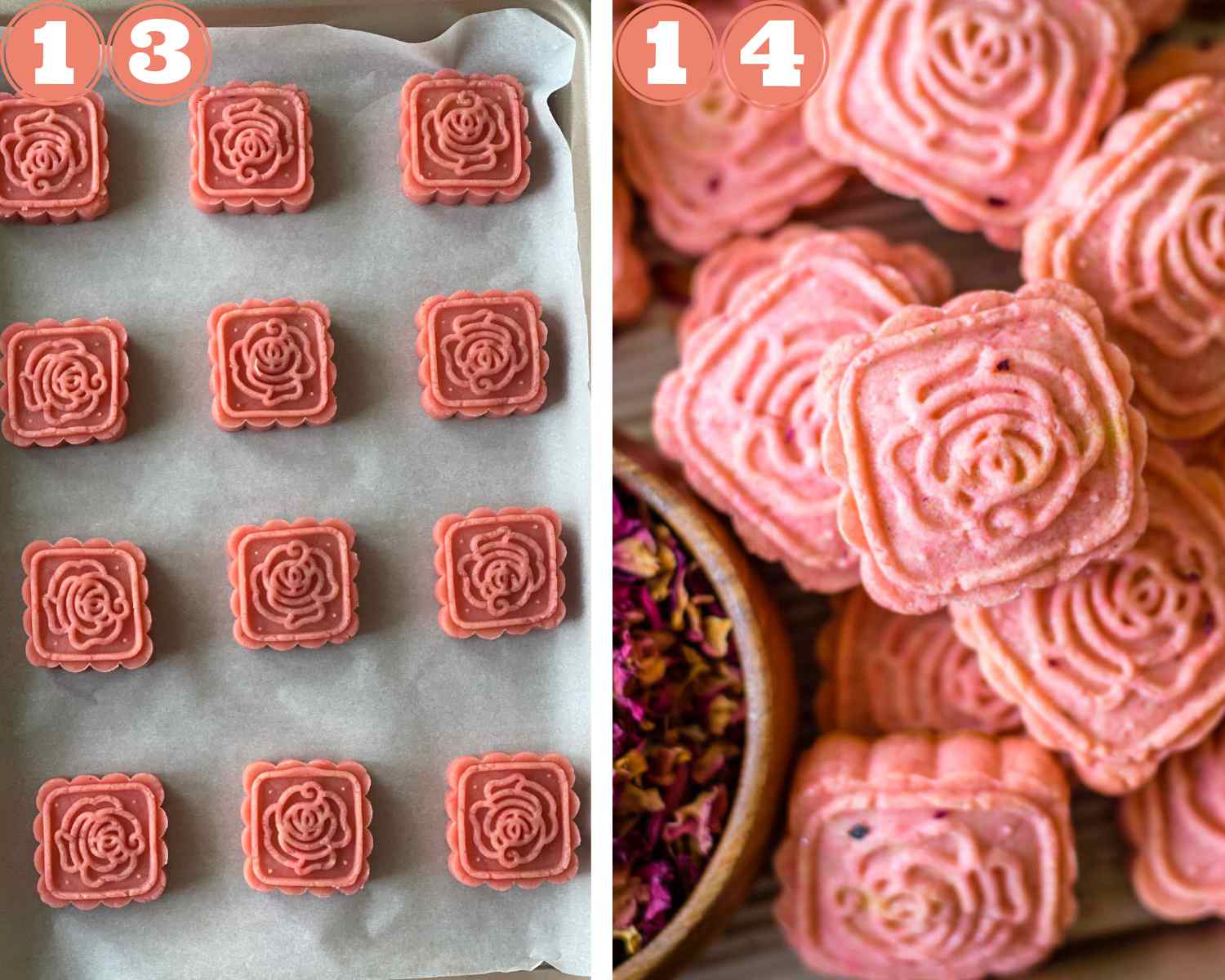 Collage steps to make rose cardamom cookies; Bake and then serve or transfer to an airtight container.