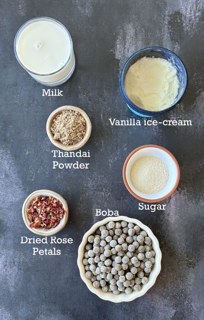 Thandai boba ingredients; boba, thandai powder, milk, vanilla ice cream.