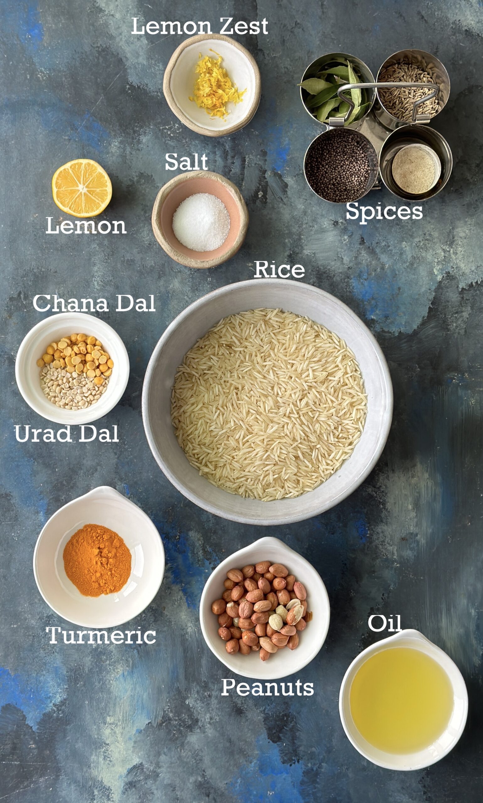Lemon Rice Ingredients; lemon, rice and spices.