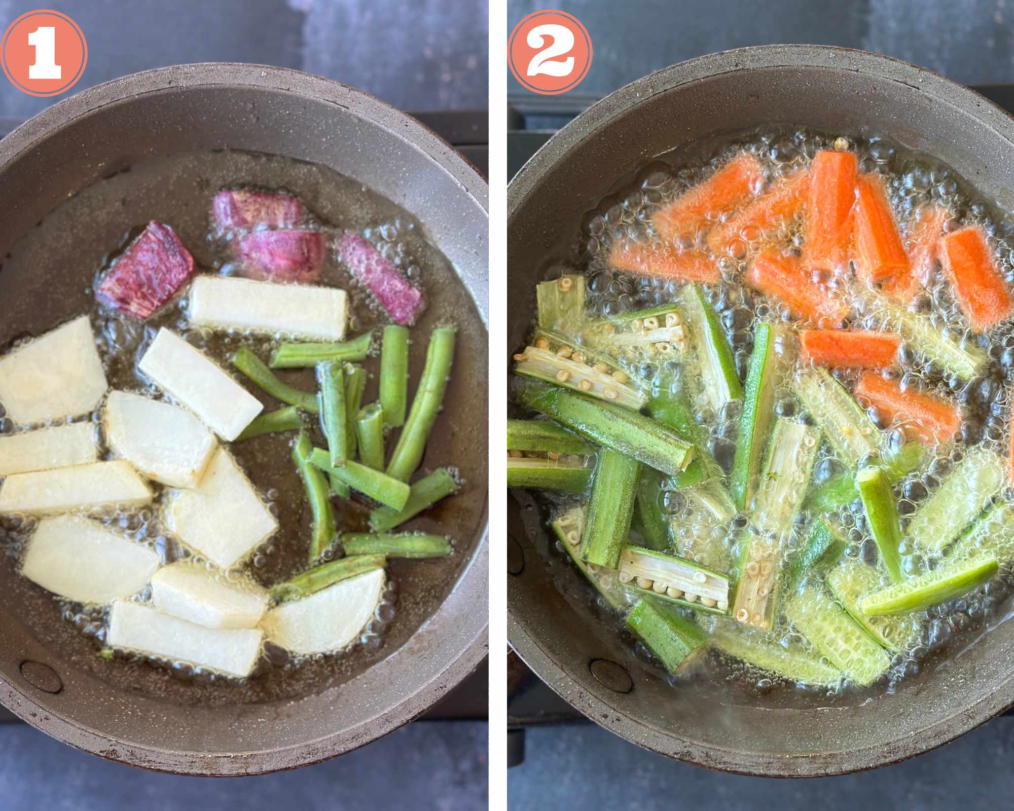 Fry vegetables like carrot, okra, potato and beans in hot oil and set aside.