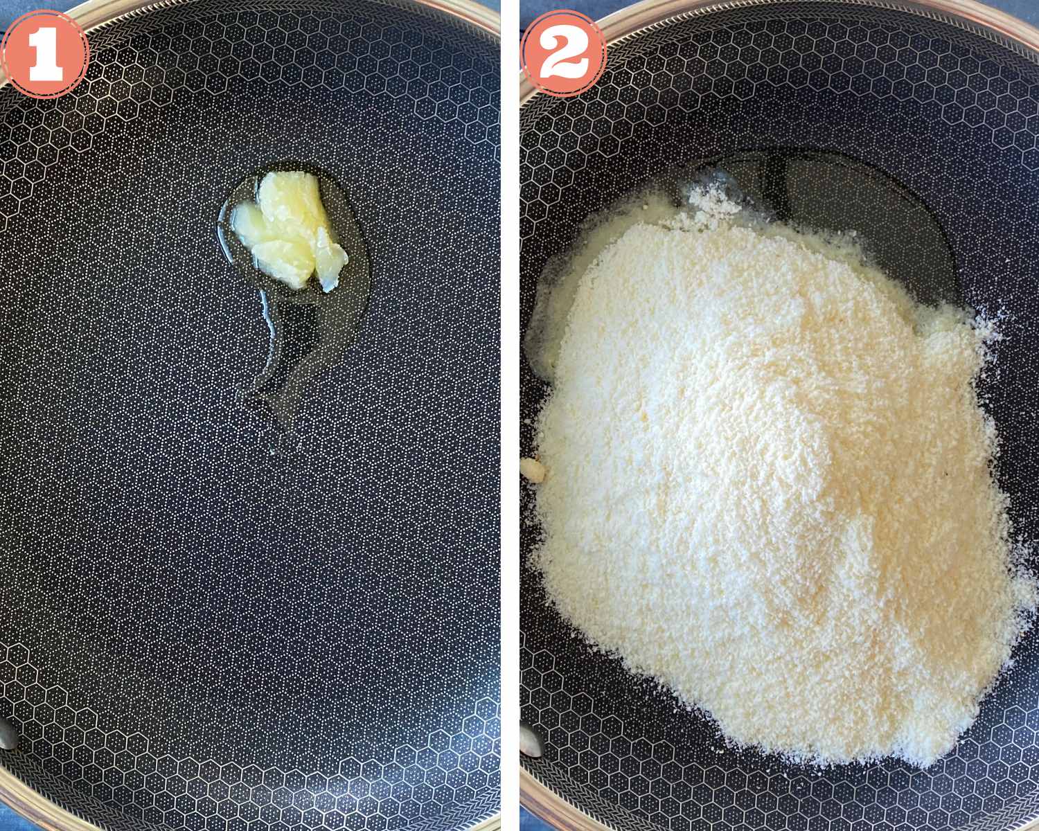 Heat ghee in a pan and add milk powder to it.