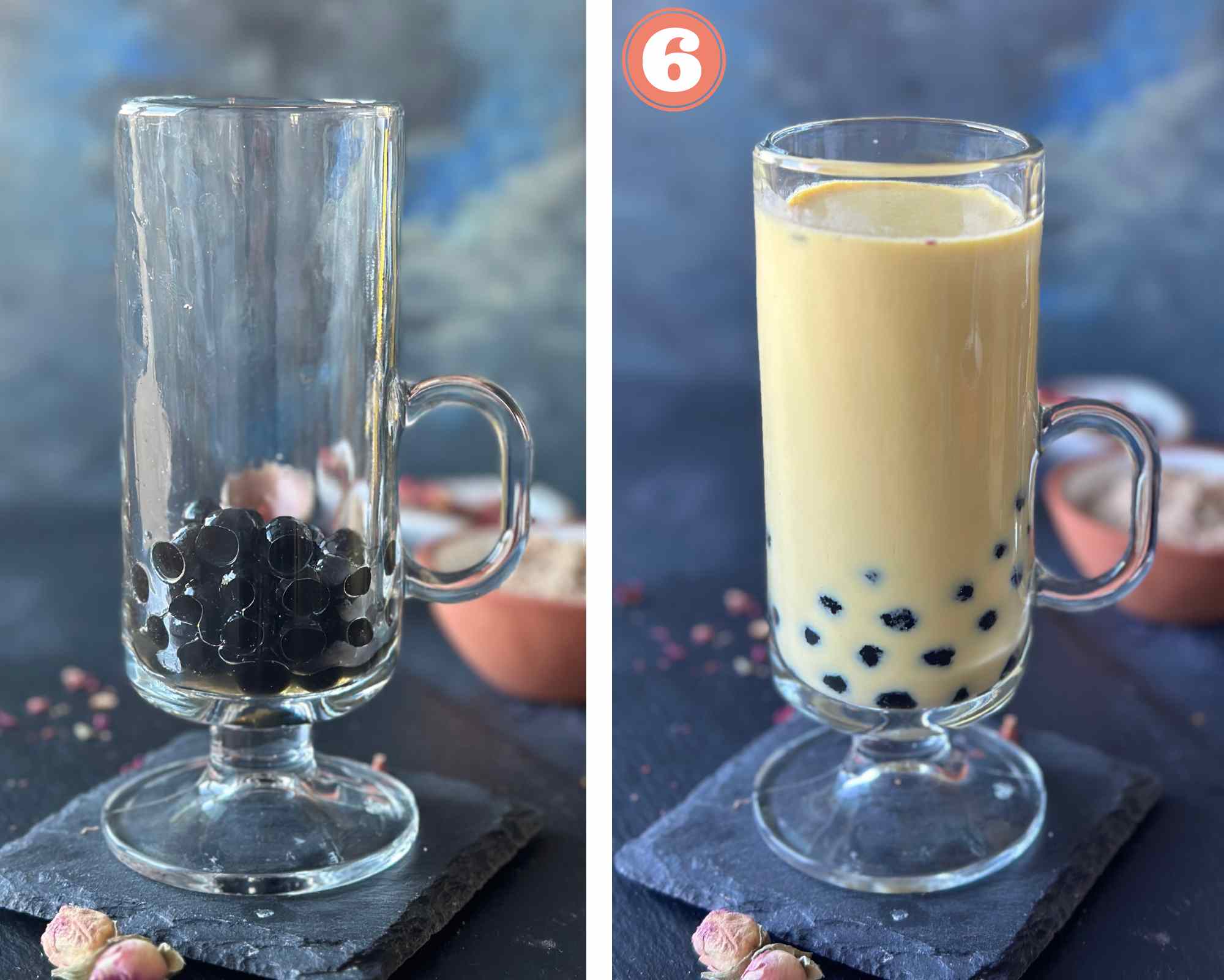 In a glass add boba and top with thandai.
