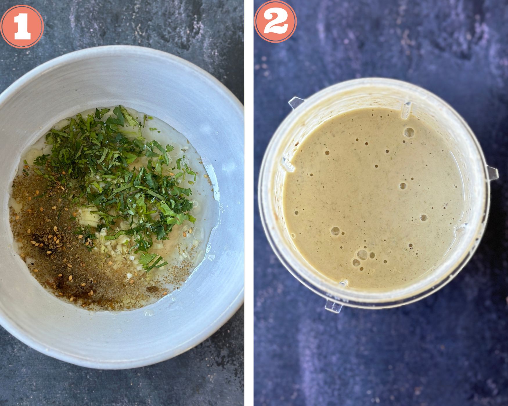 Collage to make tahini dip; mixing ingredients and blending.