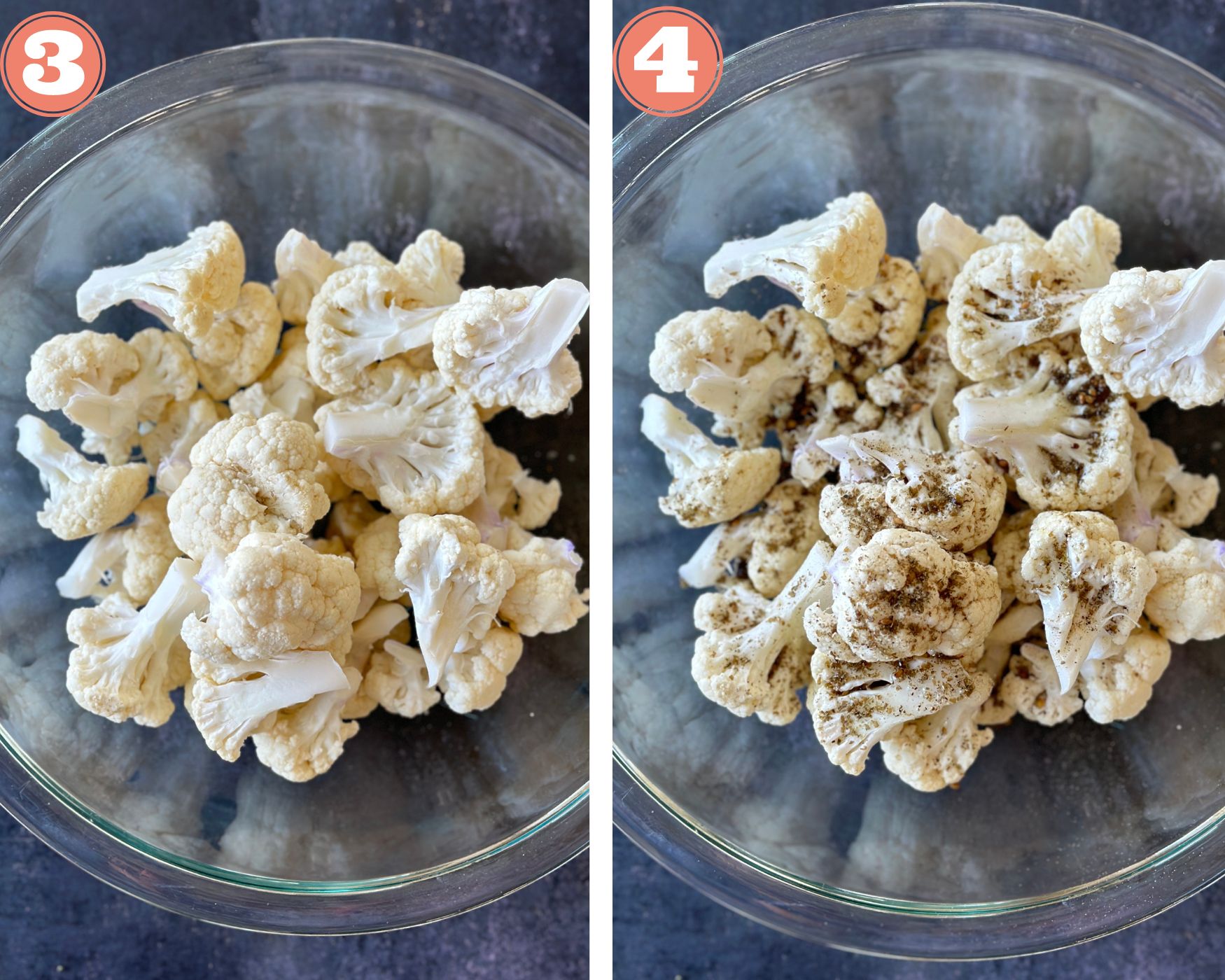 Collage to make tahini cauliflower; how to mix the florets with spices.