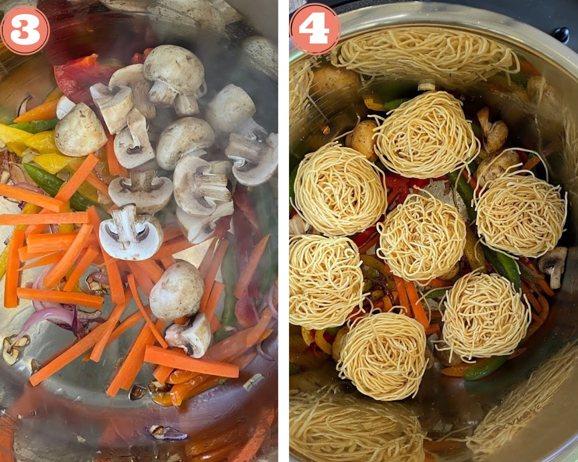 Collage with steps to prepare vegetables and teriyaki noodles in the isstant pot.