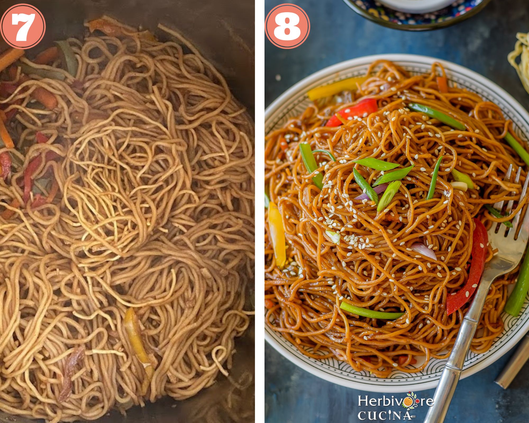 Collage with the steps to prepare teriyaki noodles and serve them with toppings.