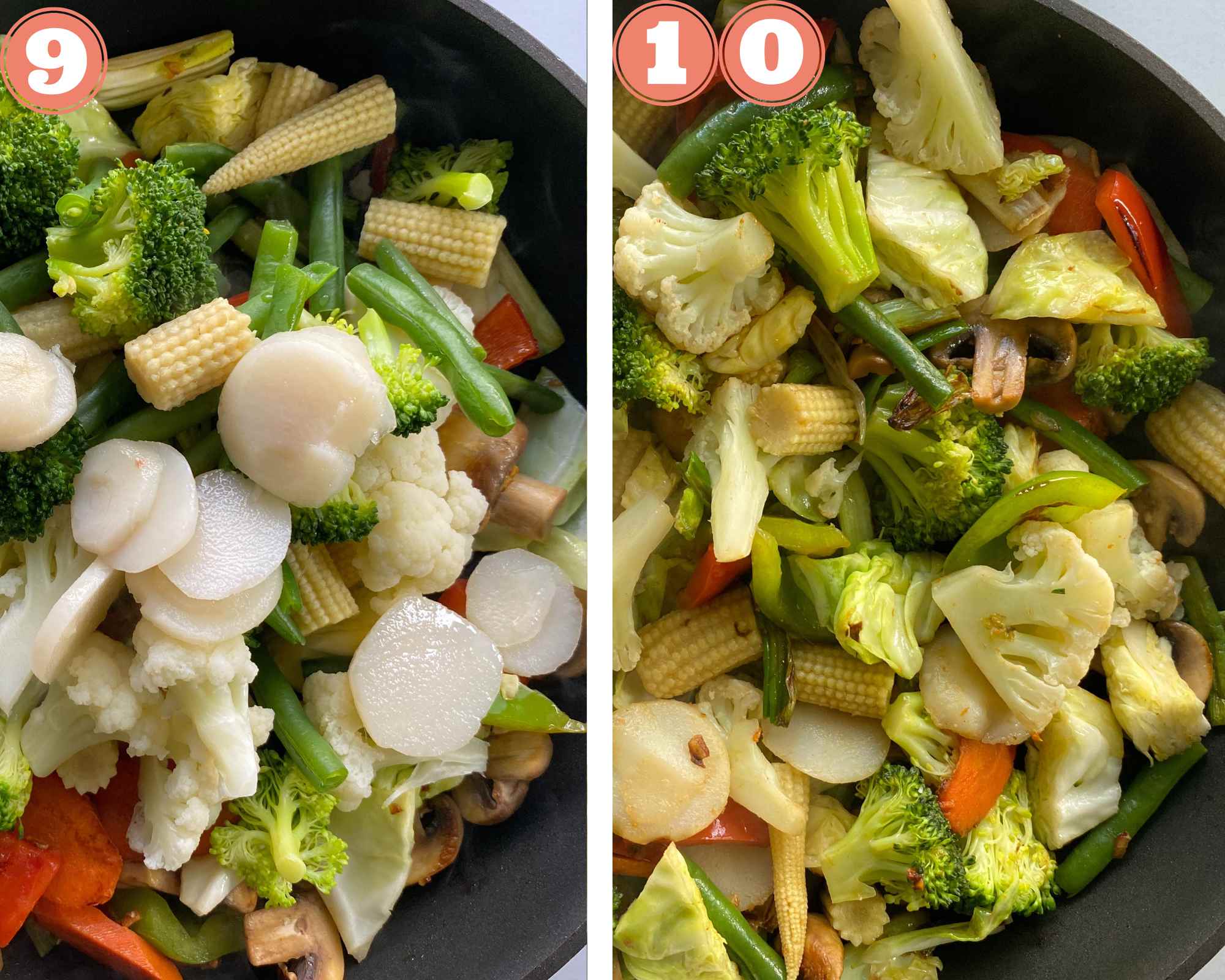 Collage to add all the vegetables and sauces to a vegetable stir-fry in a wok.