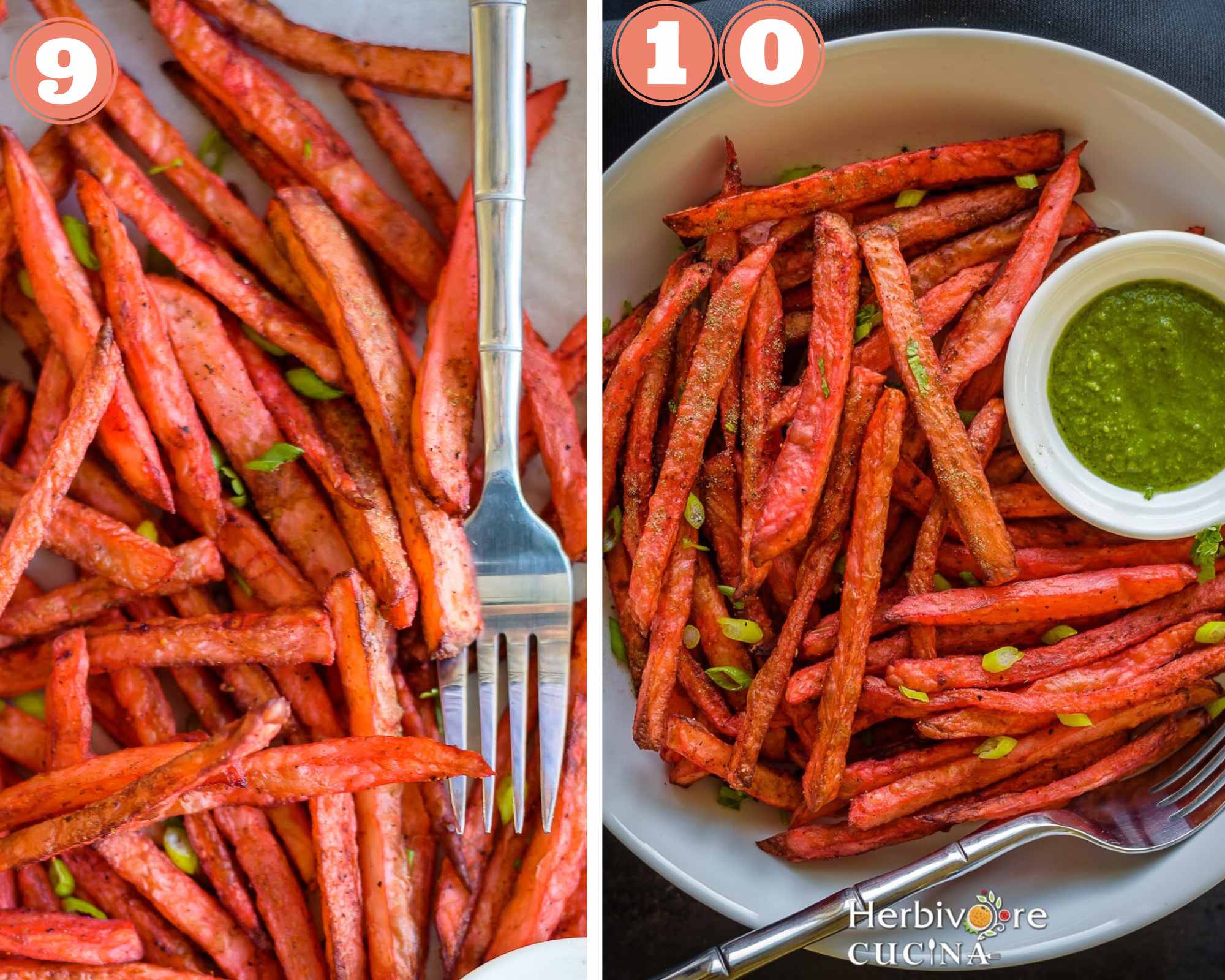 How to serve tandoori fries with some cilantro chutney.