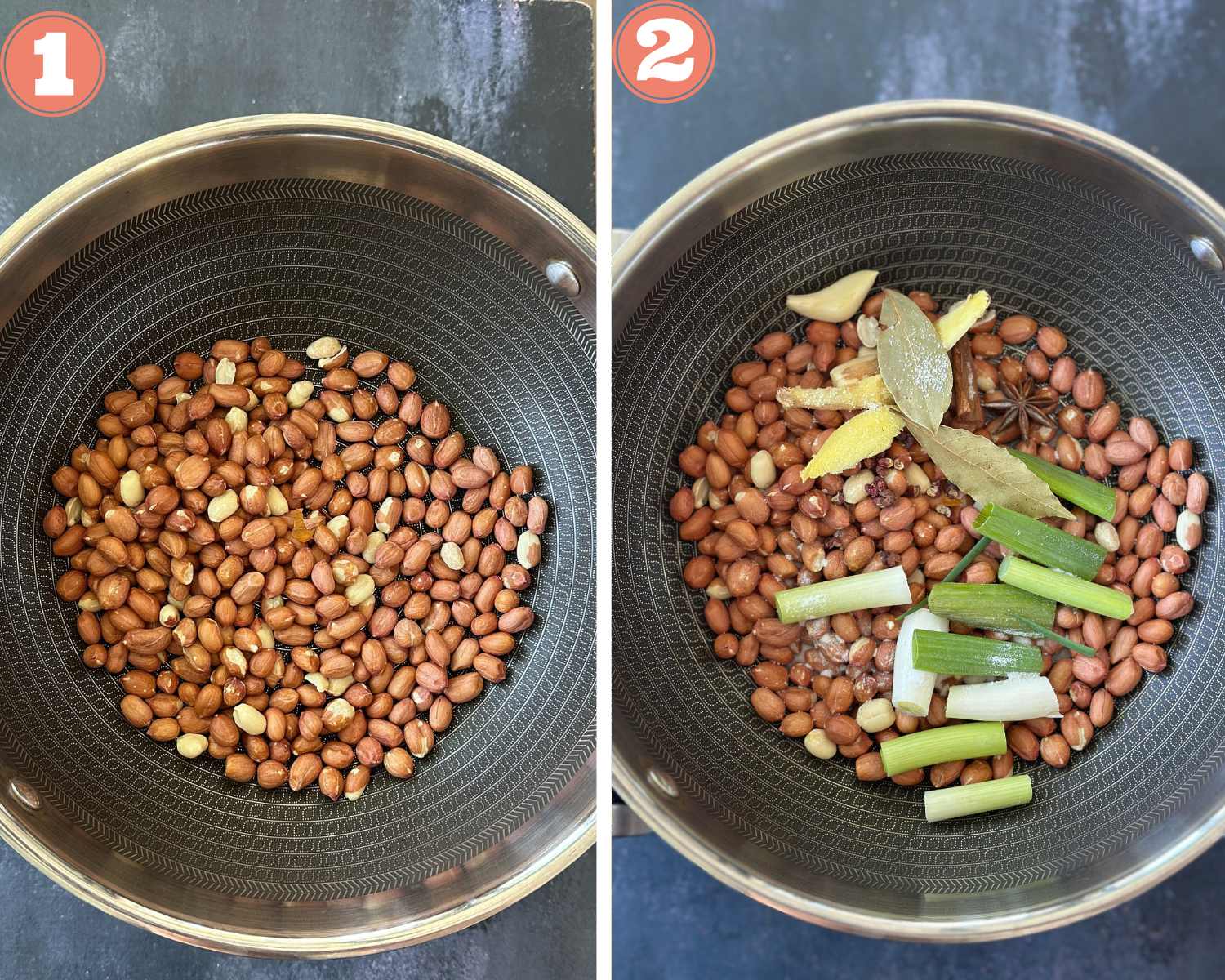 Collage steps to prepare for braising peanuts.