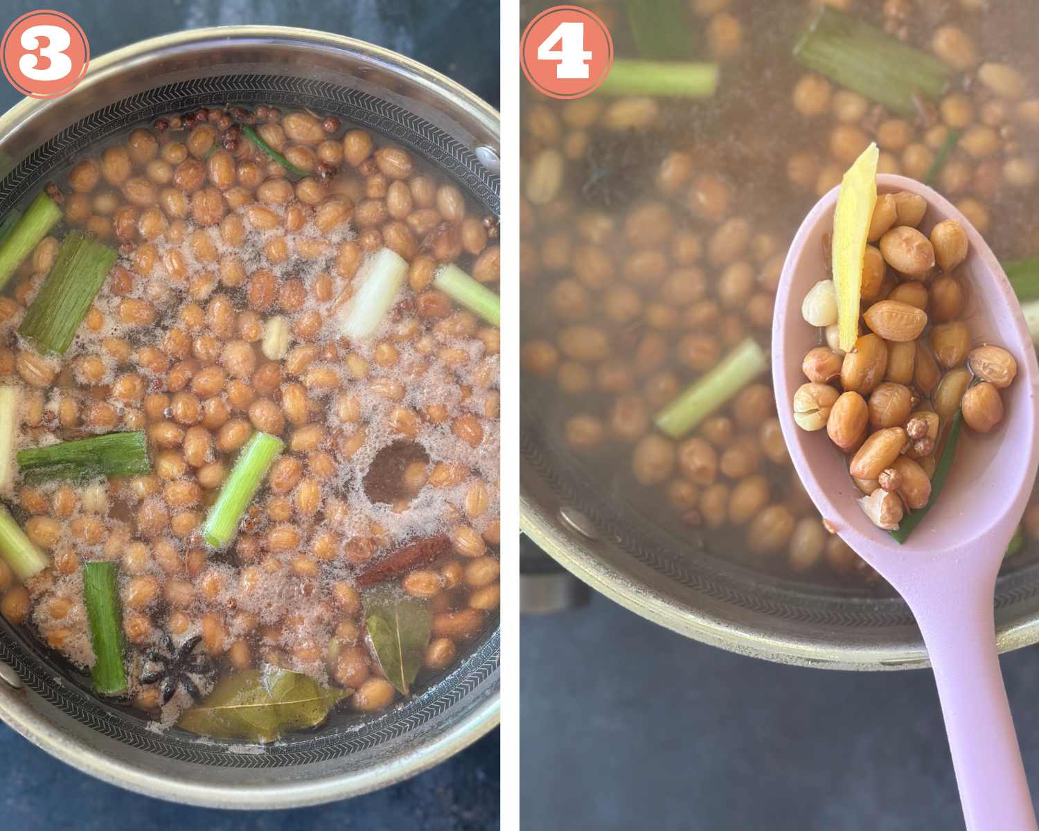 Collage steps for boiling peanuts to make an Asian salad.
