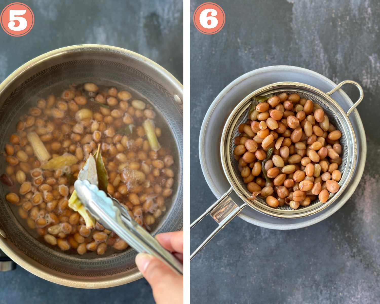 Collage steps for braising skin peanuts. 