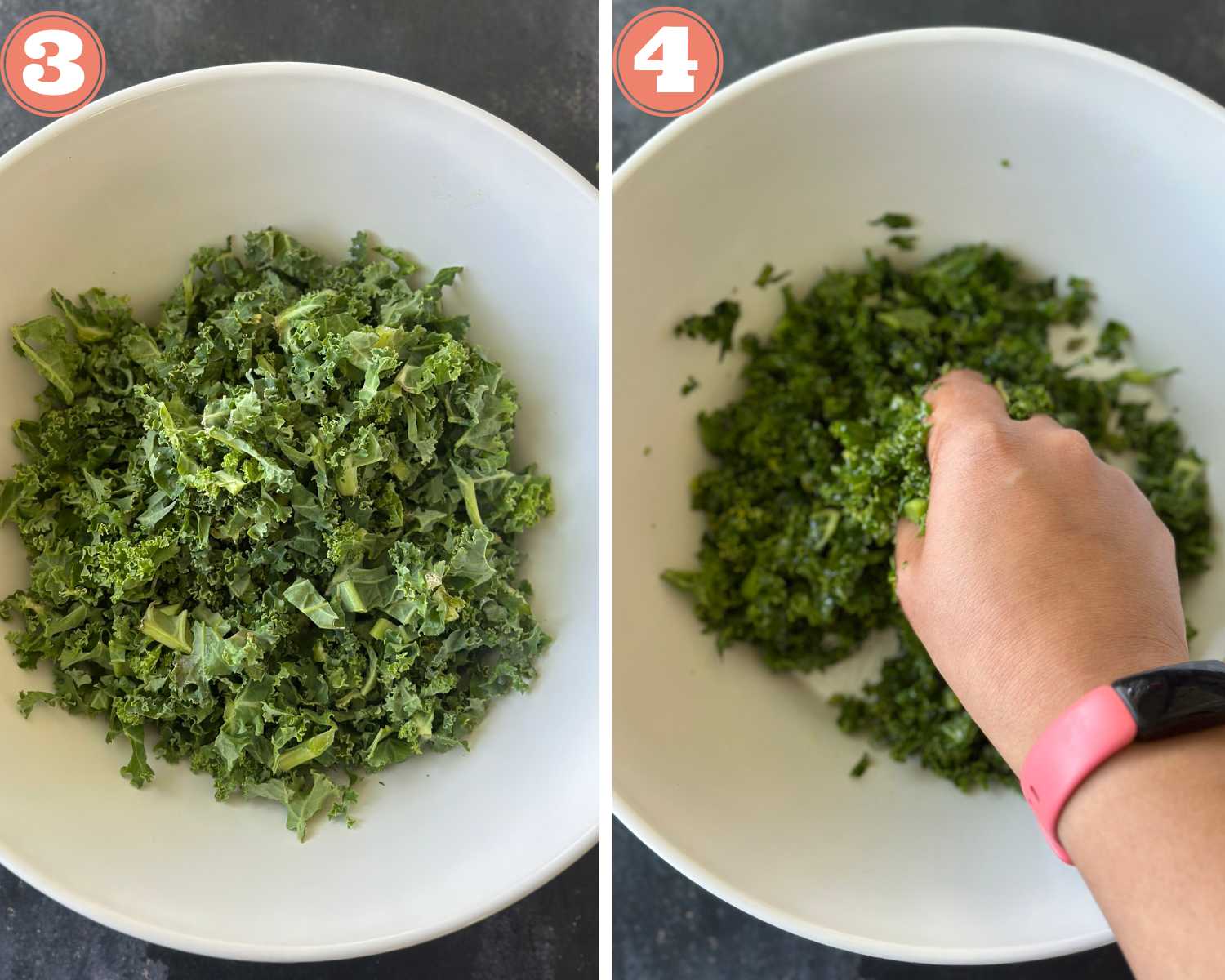 Collage for how to massage kale with oil to make them tender.